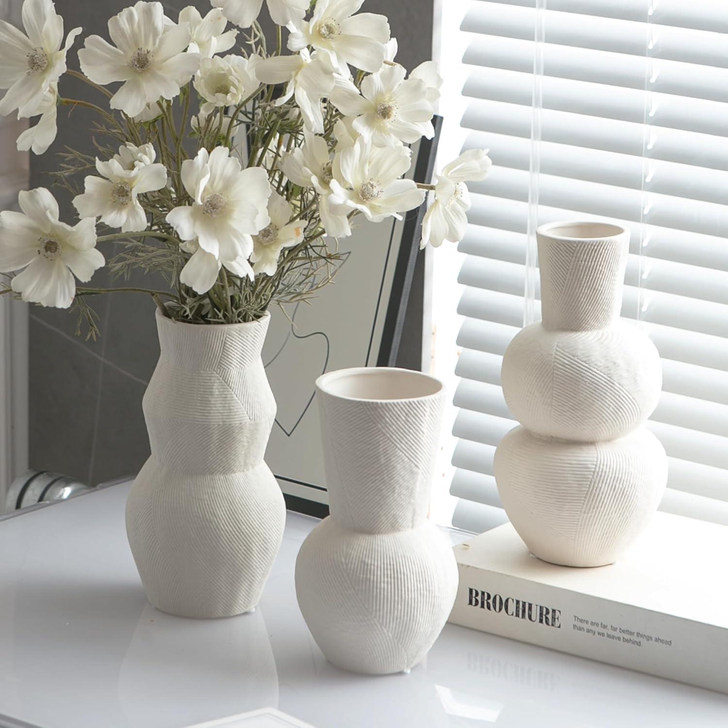 Matte White Textured Ceramic Vase Set of 3