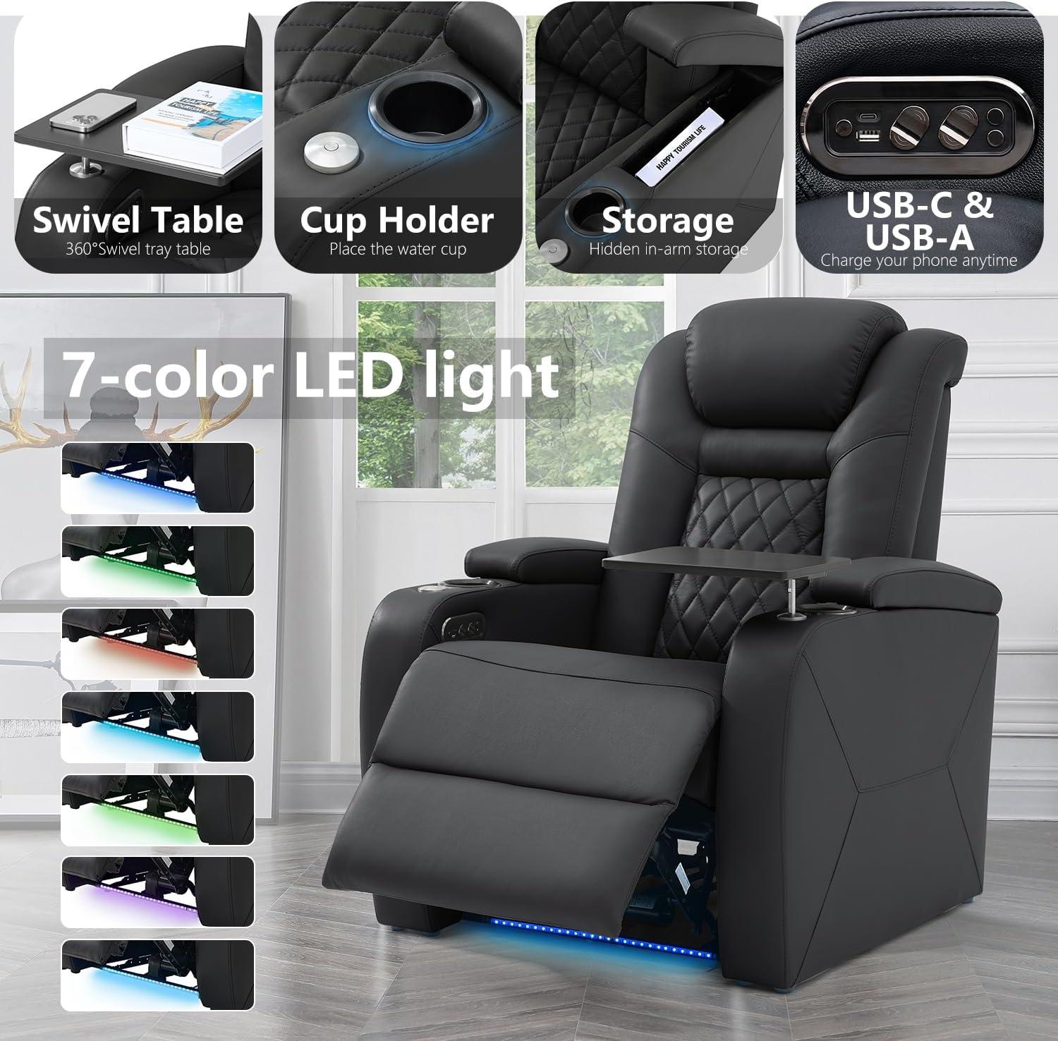 Top Grain Leather Home Theater Seating Power Headrest & Memory Function, 7-Color Ambient Lighting, USB/Type-C Charging, Easy Assembly Electric Recliner Chair (Row of 3)