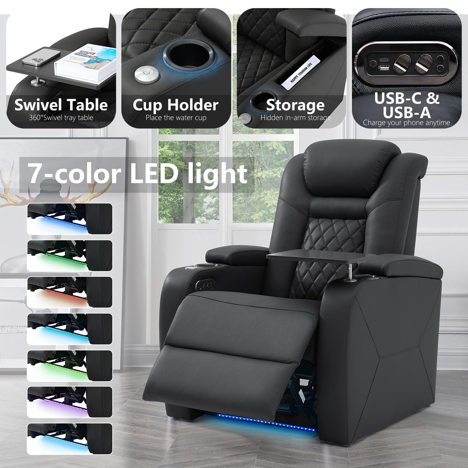 Top Grain Leather Home Theater Seating Power Headrest & Memory Function, 7-Color Ambient Lighting, USB/Type-C Charging, Easy Assembly Electric Recliner Chair (Row of 3)