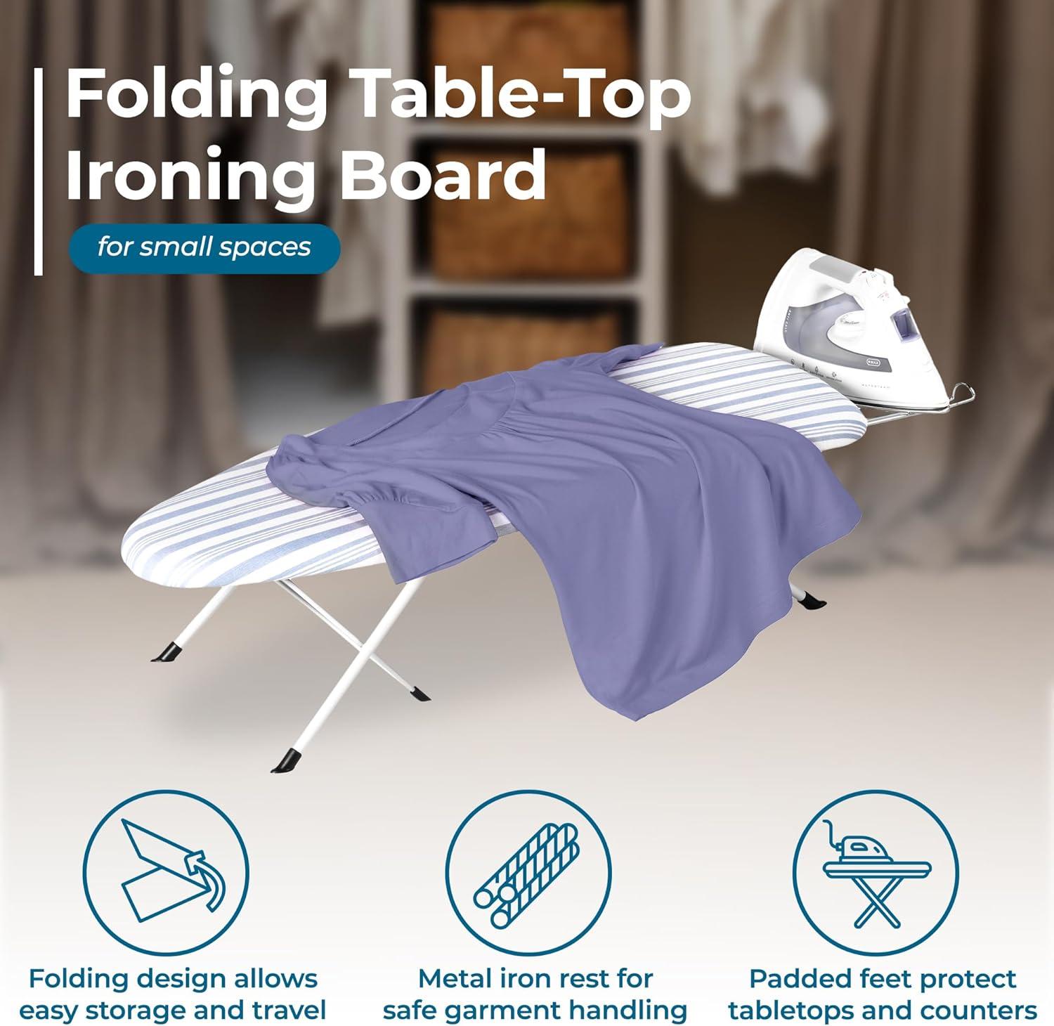 Honey-Can-Do Folding Tabletop Ironing Board with Iron Rest, Blue, 32” L x 12” W, Steel Frame
