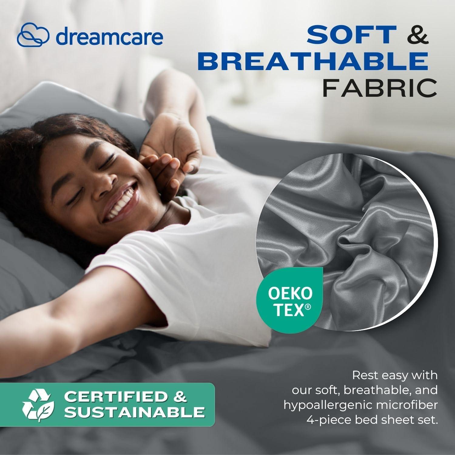 DREAMCARE - Bed Sheets Set - Queen Size Sheet with Side Pocket - 4pcs Set, 15 inches, Dark Gray