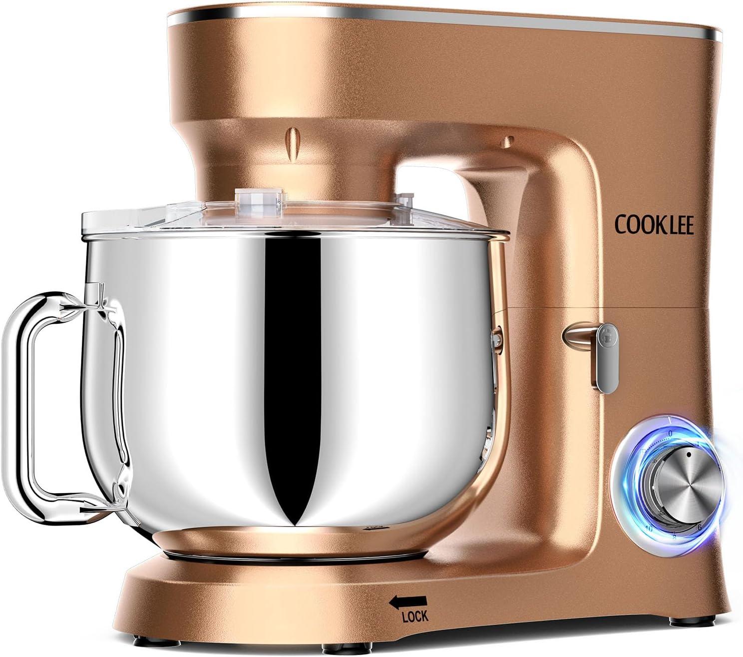 COOKLEE Stand Mixer, 9.5 Qt. 660W 10-Speed Electric Kitchen Mixer with Dishwasher-Safe Dough Hooks, Flat Beaters, Wire Whip & Pouring Shield Attachments for Most Home Cooks, Champagne