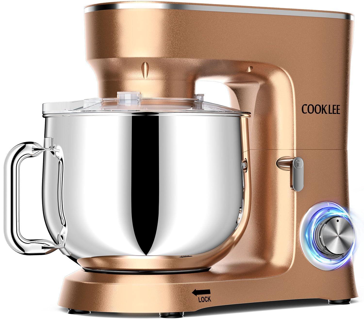 COOKLEE Stand Mixer, 9.5 Qt. 660W 10-Speed Electric Kitchen Mixer with Dishwasher-Safe Dough Hooks, Flat Beaters, Wire Whip & Pouring Shield Attachments for Most Home Cooks, Champagne