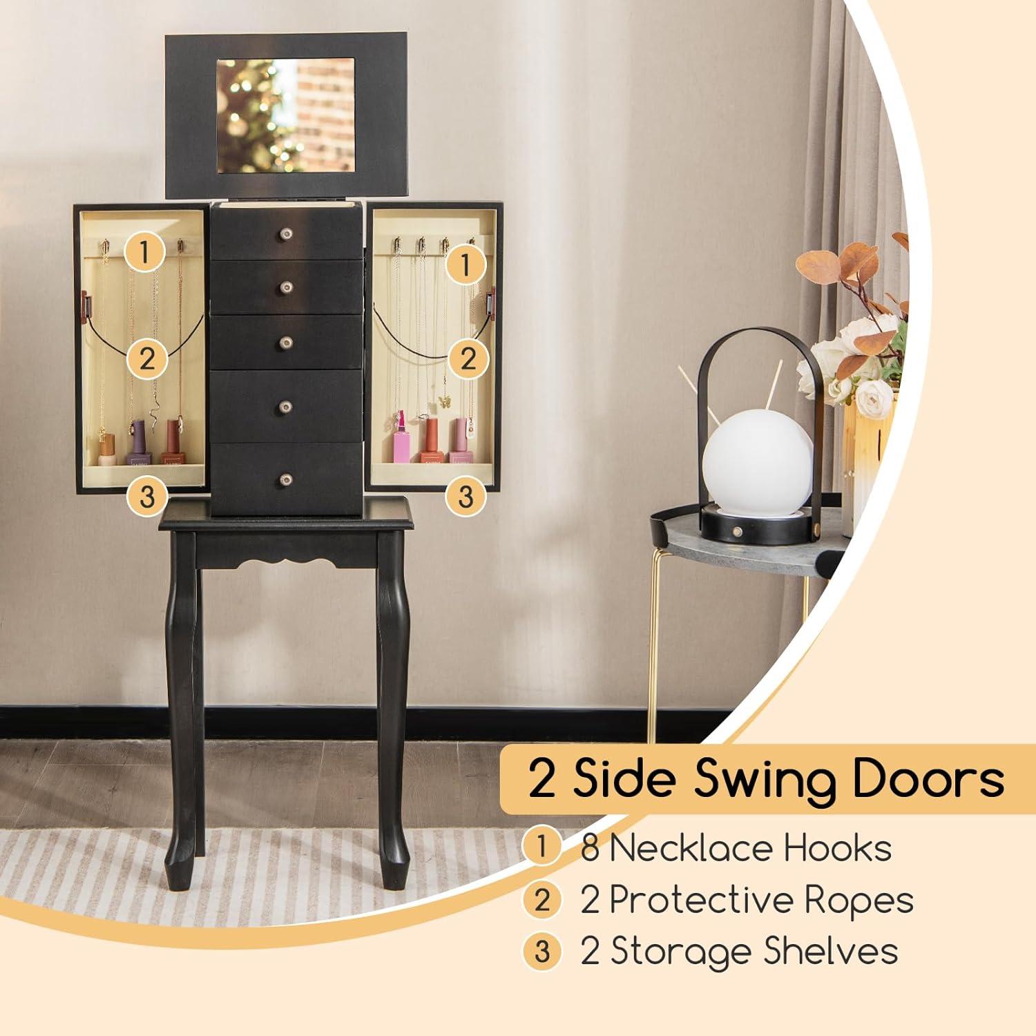 Giantex Jewelry Cabinet Armoire with Top Mirror, 5 Drawers, 2 Swing Doors, Wooden Jewelry Treasure Storage Chest with Large Storage, Standing Jewelry Organizer (Black)