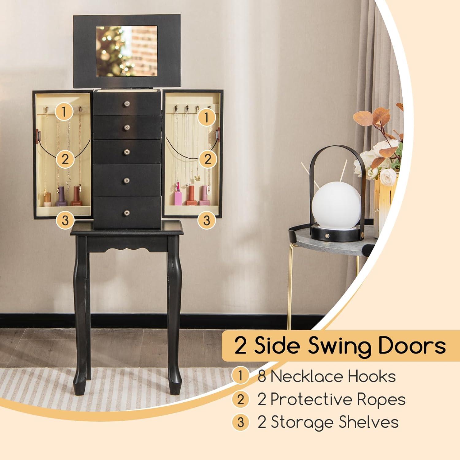 Giantex Jewelry Cabinet Armoire with Top Mirror, 5 Drawers, 2 Swing Doors, Wooden Jewelry Treasure Storage Chest with Large Storage, Standing Jewelry Organizer (Black)
