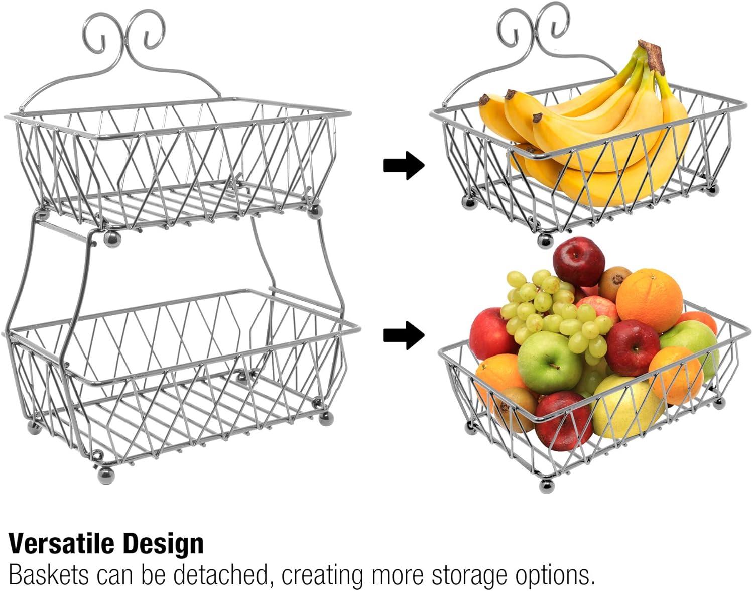 Silver 2-Tier Rectangular Metal Fruit Basket Stand