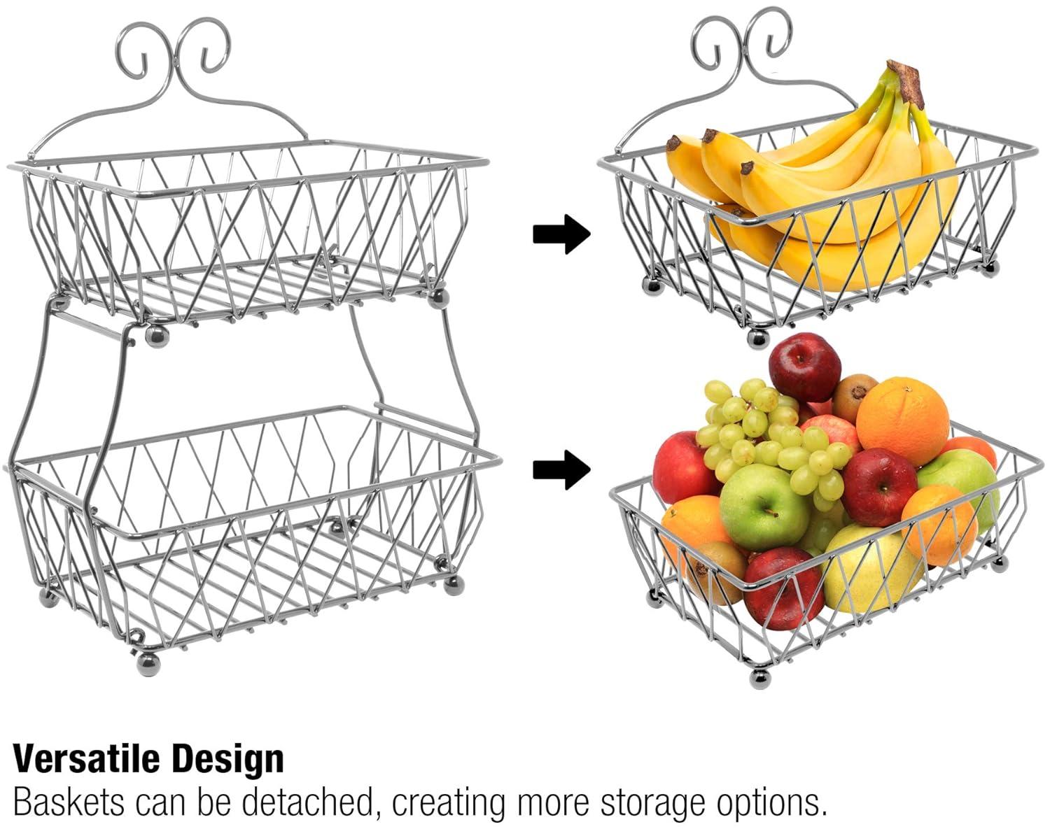 2-Tier Fruit Bread Basket Display Stand, Counter Storage for Kitchen, Bathroom, Rectangular Antique Metal