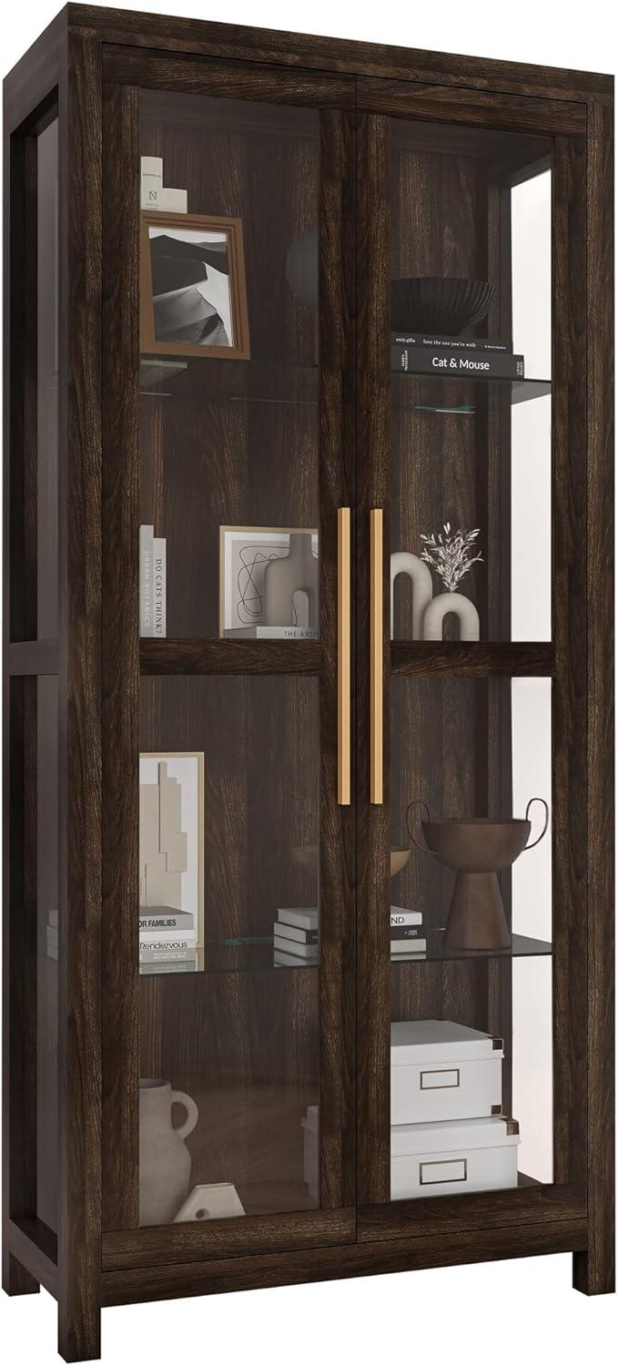 BELLEZE Storage Cabinet, Tall Bookshelf or Display Cabinet For Living Room Bedroom, Curio Cabinet with Tempered Glass Doors, Trophy Display Case, Storage/Organization - Avalon (Dark Walnut)