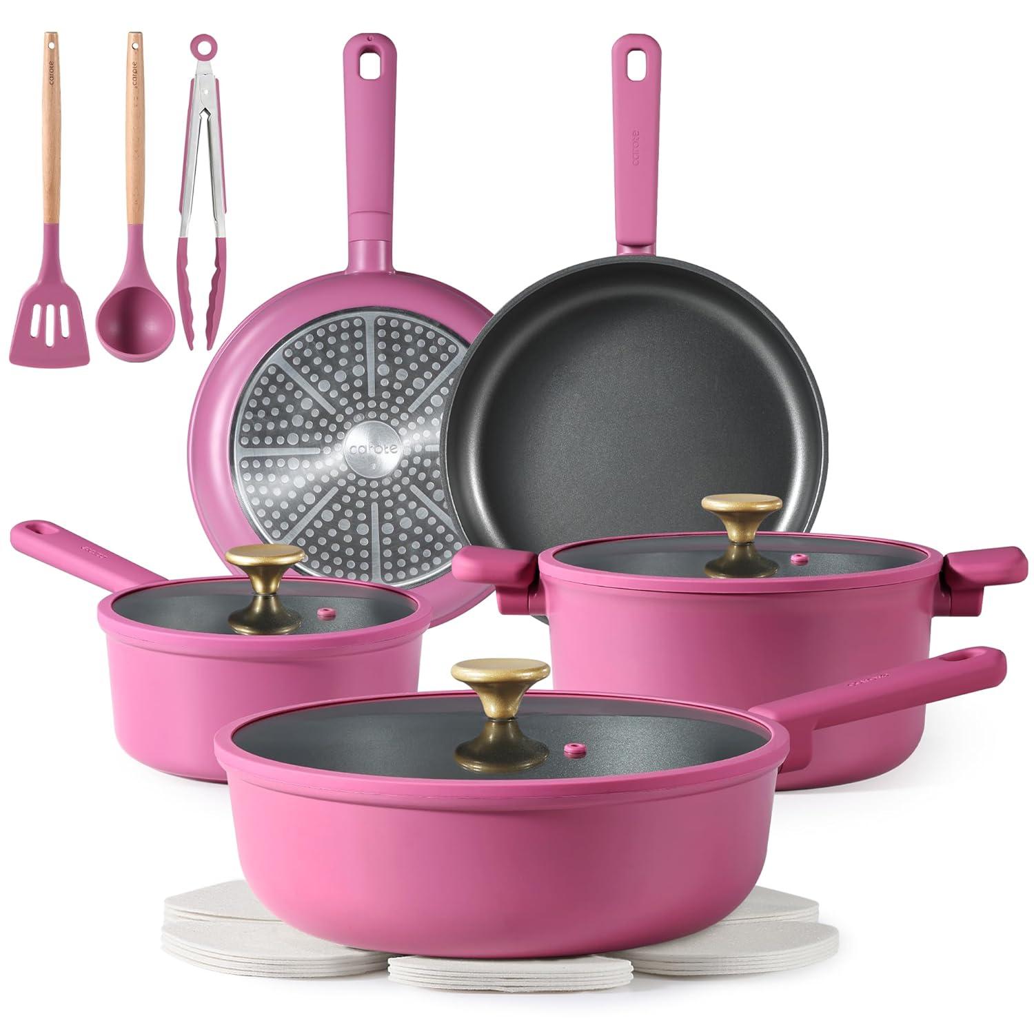 CAROTE 16pcs Nonstick Cookware set, Pots and Pans, Premium Induction Cookware, Durable & Easy to Clean, Large Frying Pan, Rose Pink