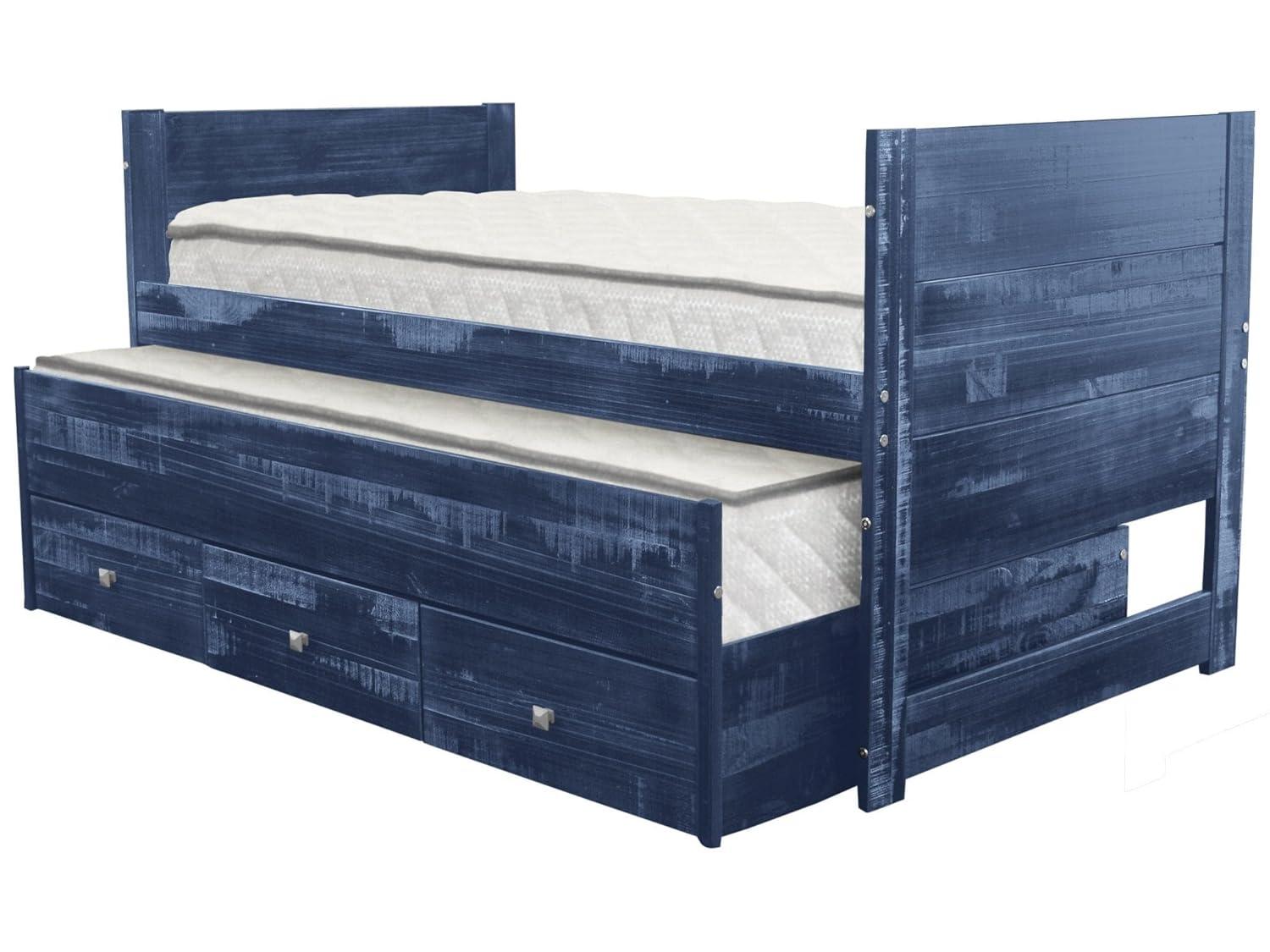 Bedz King All in One Twin Bed with Trundle and 3 Built in Drawers, Weathered Blue