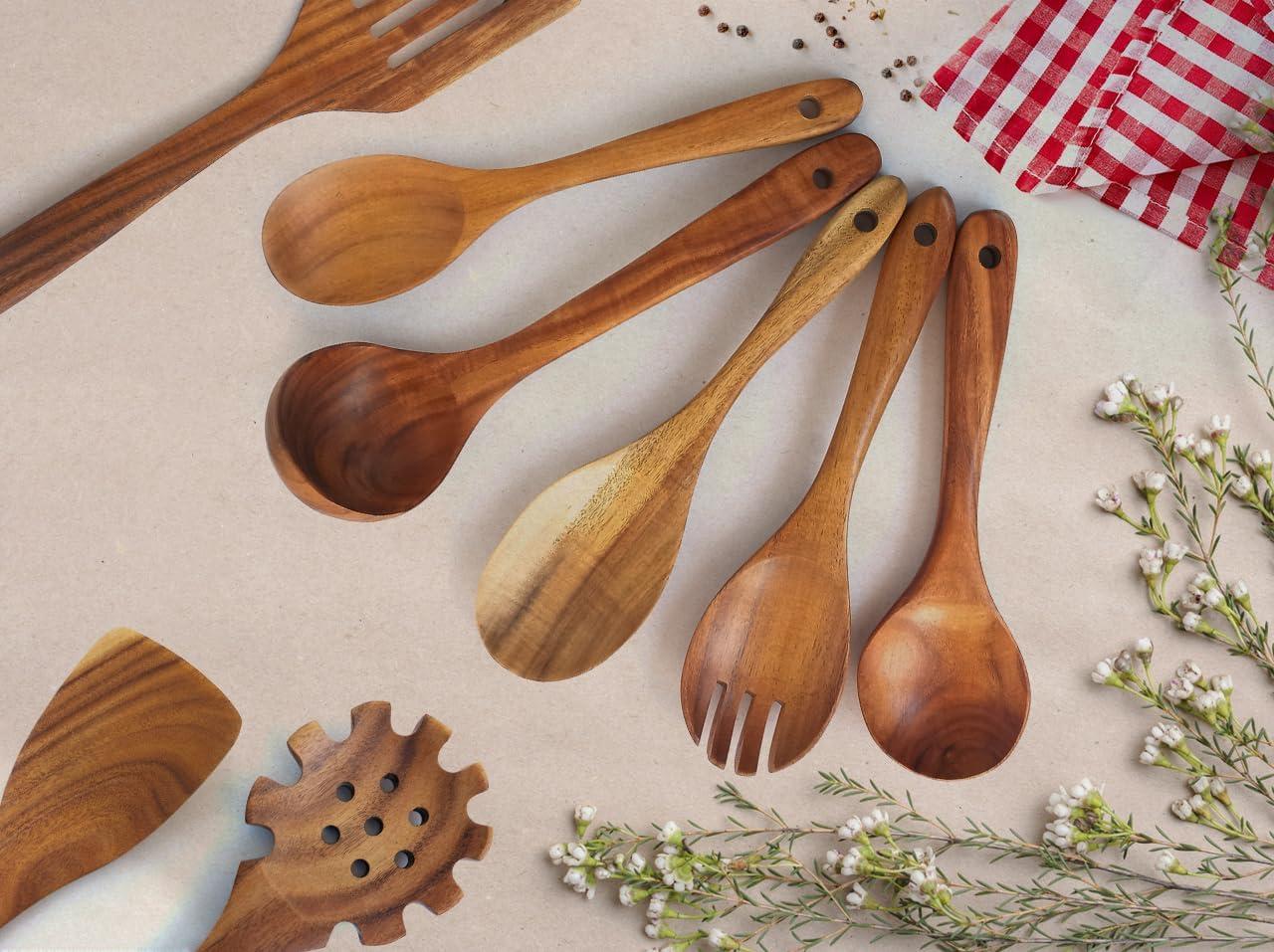 Wooden Spoons for Cooking, 10 Pcs Teak Wood Cooking Utensil Set ‚ Wooden Kitchen Utensils for Nonstick Pans & Cookware ‚ Sturdy, Lightweight & Heat Resistant