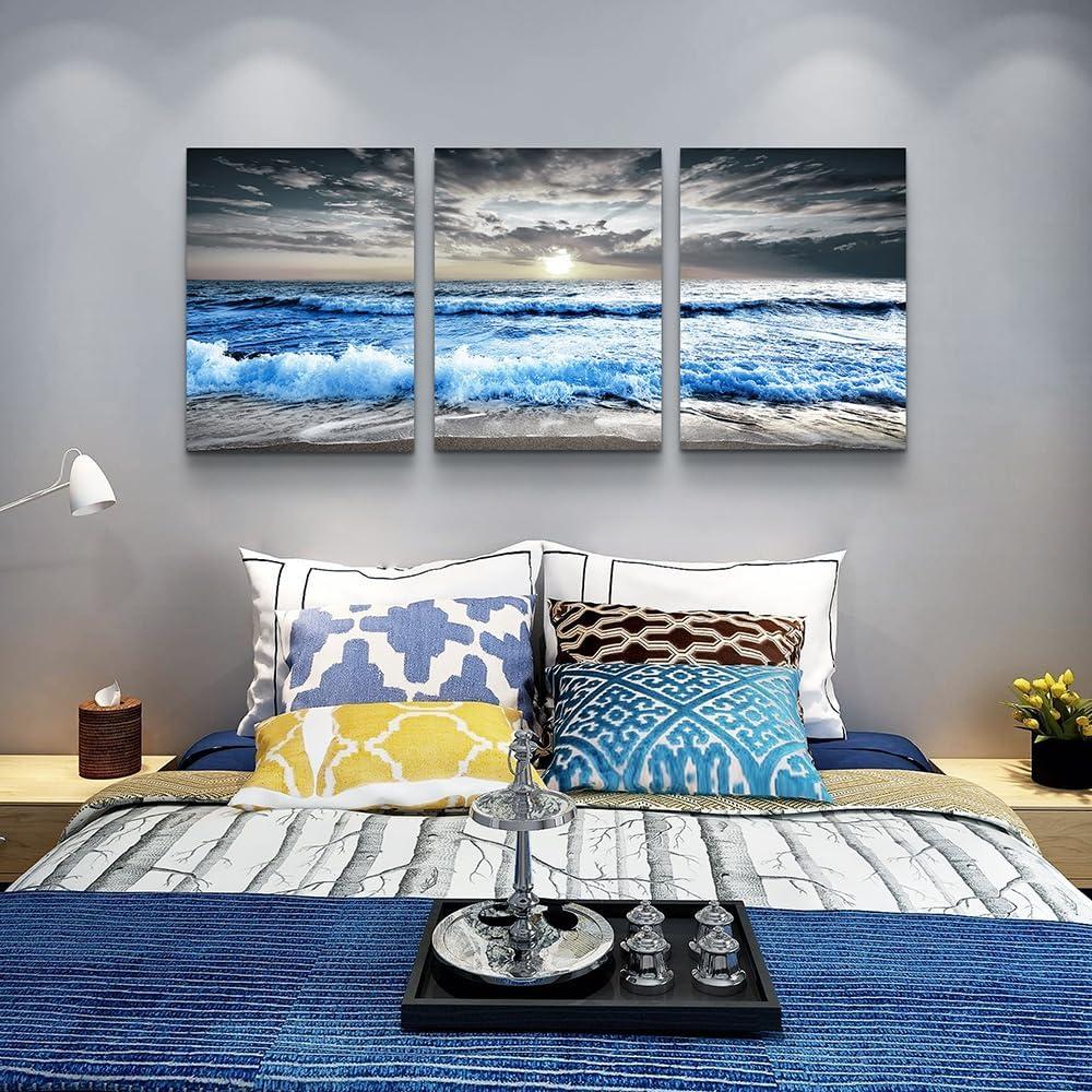 SERIMINO Beach Canvas Wall Art for Living Room, Blue Coastal Wall Decor for Bedroom, Seaside Pictures for Bathroom Wall Decoration, Ocean Painting Set for Office, Home Decor for Wall