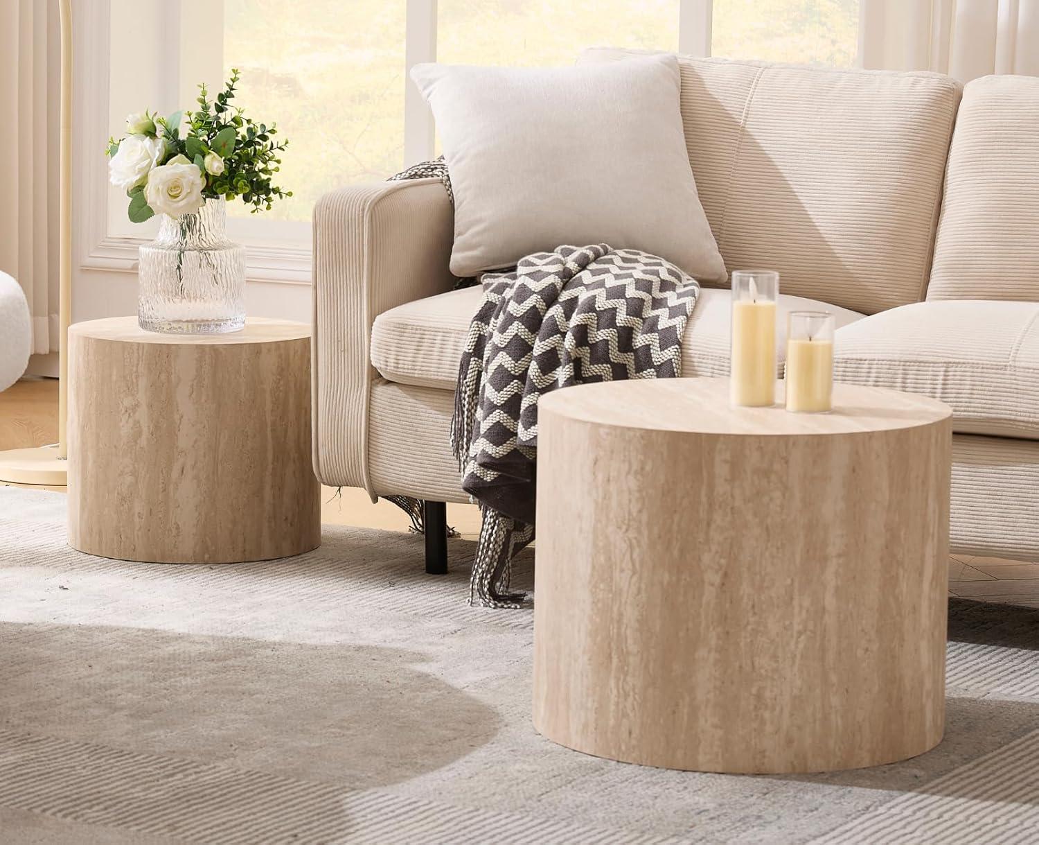 Latitude Run® Set of 2 Modern Round Wood Nesting Coffee Table Circle Travertine End Side Table Sets