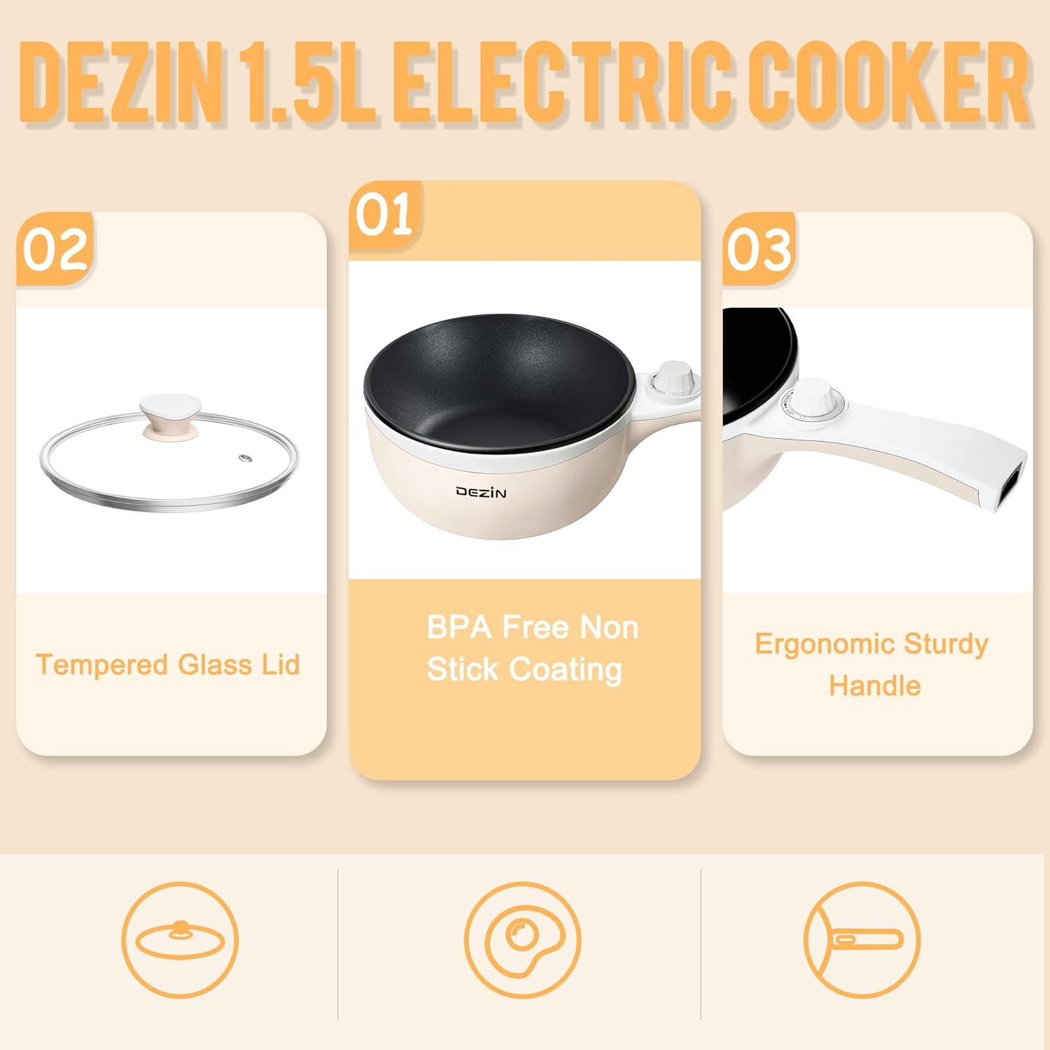 Dezin Electric Hot Pot Upgraded, Non-Stick Sauté Pan, Rapid Noodles Cooker, 1.5L Mini Pot for Steak, Egg, Fried Rice, Ramen, Oatmeal, Soup with Temperature Control, Beige (Egg Rack Included)