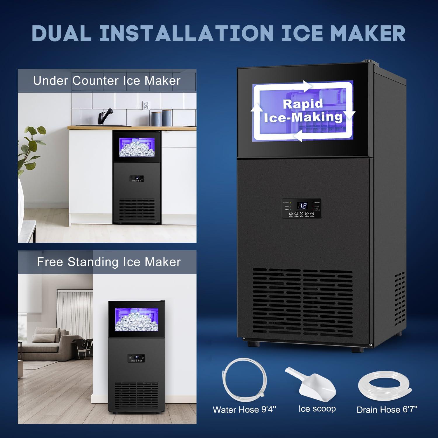 15in. 160Lbs/24H Black Stainless Steel Ice Maker in Stainless Steel with 35LBS Storage Bin