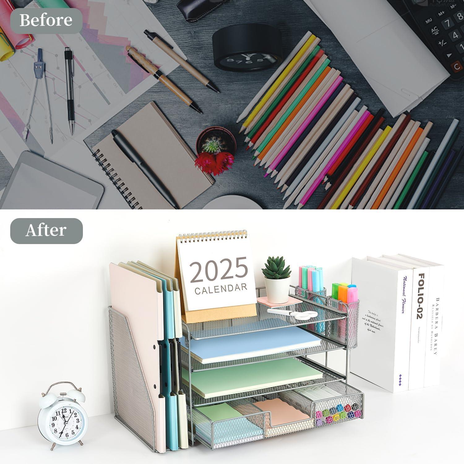 gianotter Desk Organizers and Accessories with File Holder, 4-Tier Desk Accessories & Workspace Organizers with Drawer and 2 Pen Holder, Paper Organizer for Office Supplies (Grey)