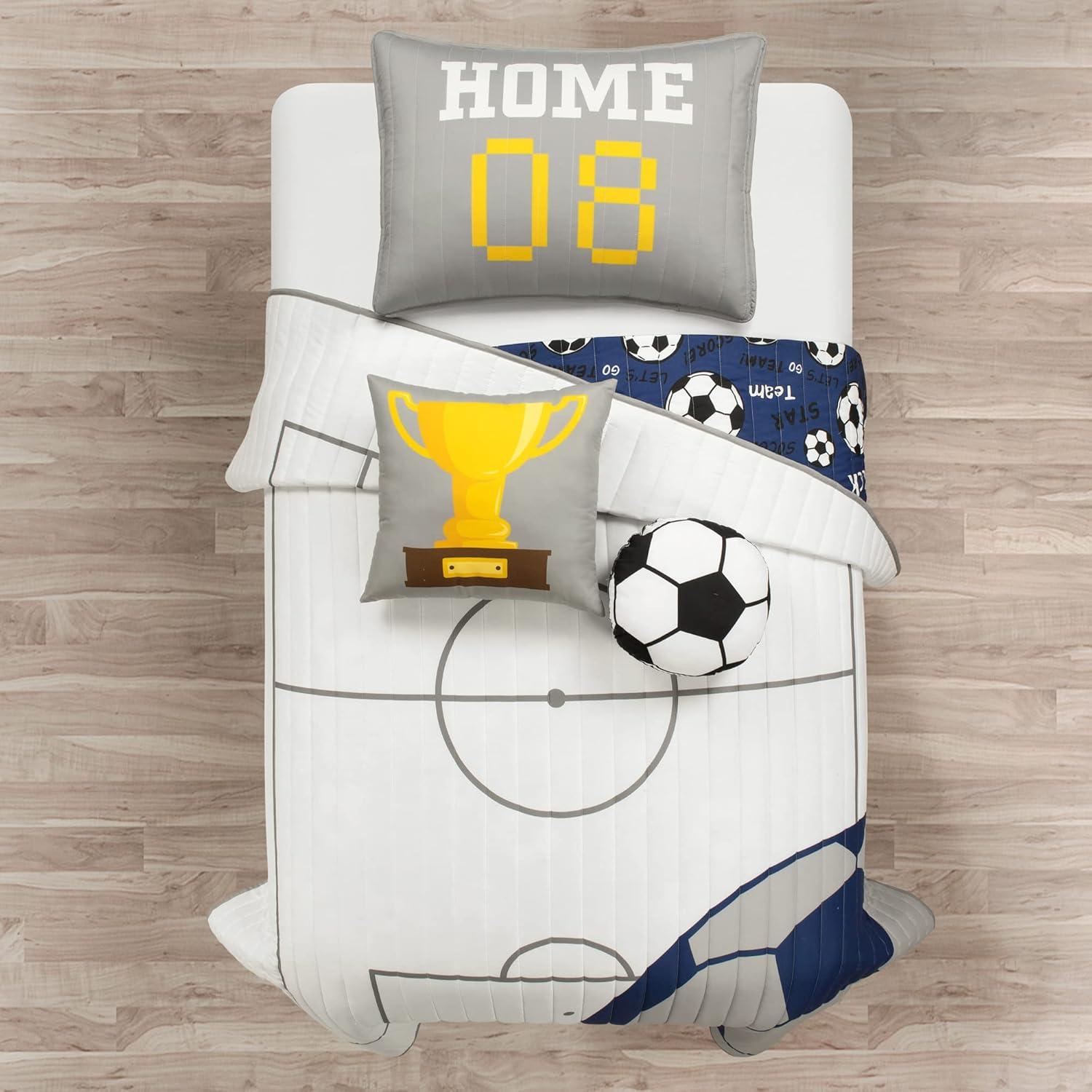 White and Navy Reversible Soccer Twin Microfiber Quilt Set