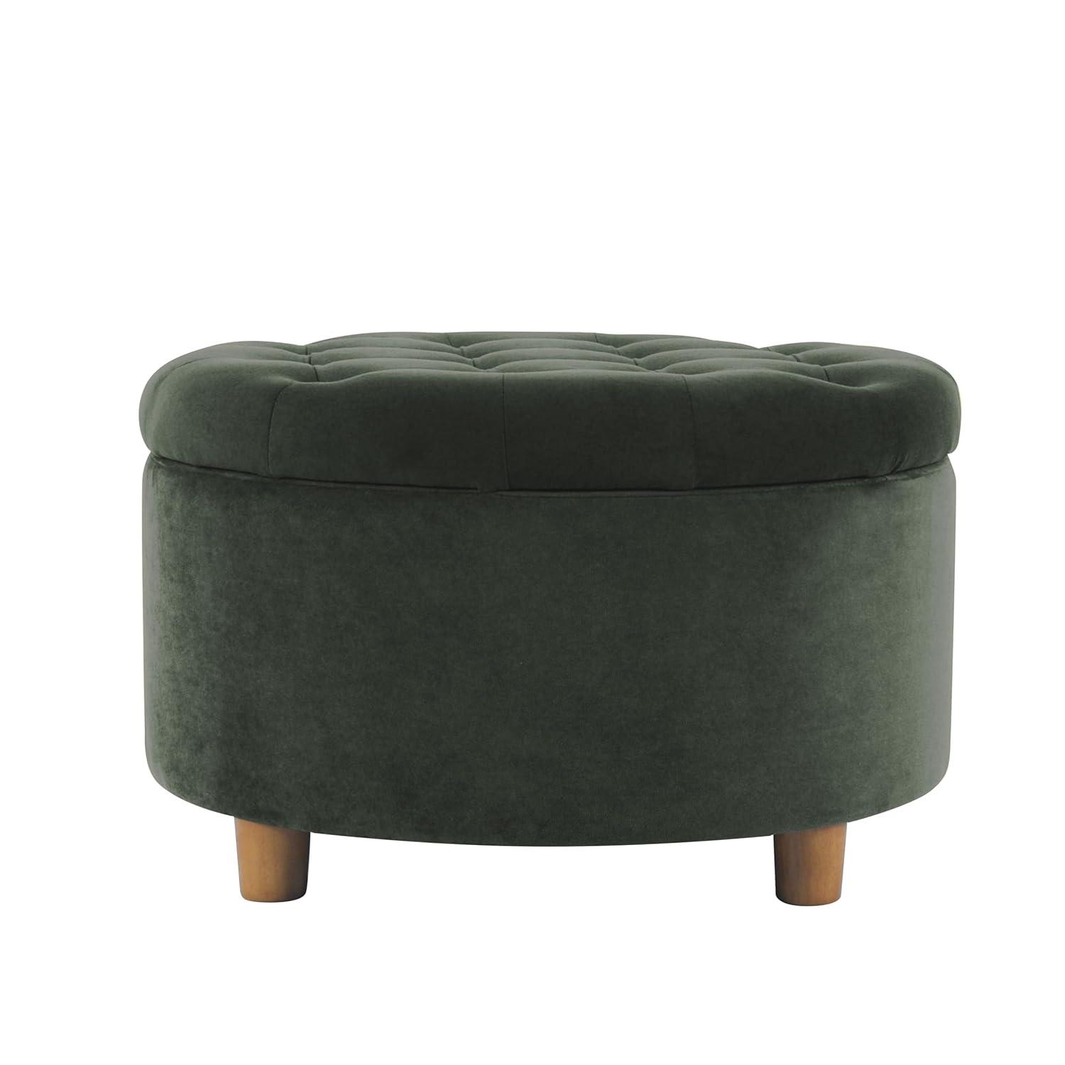 Tufted Round Storage Ottoman Loden Green Velvet - HomePop: Velvet Footstool, Honey Oak Legs, 250lb Capacity