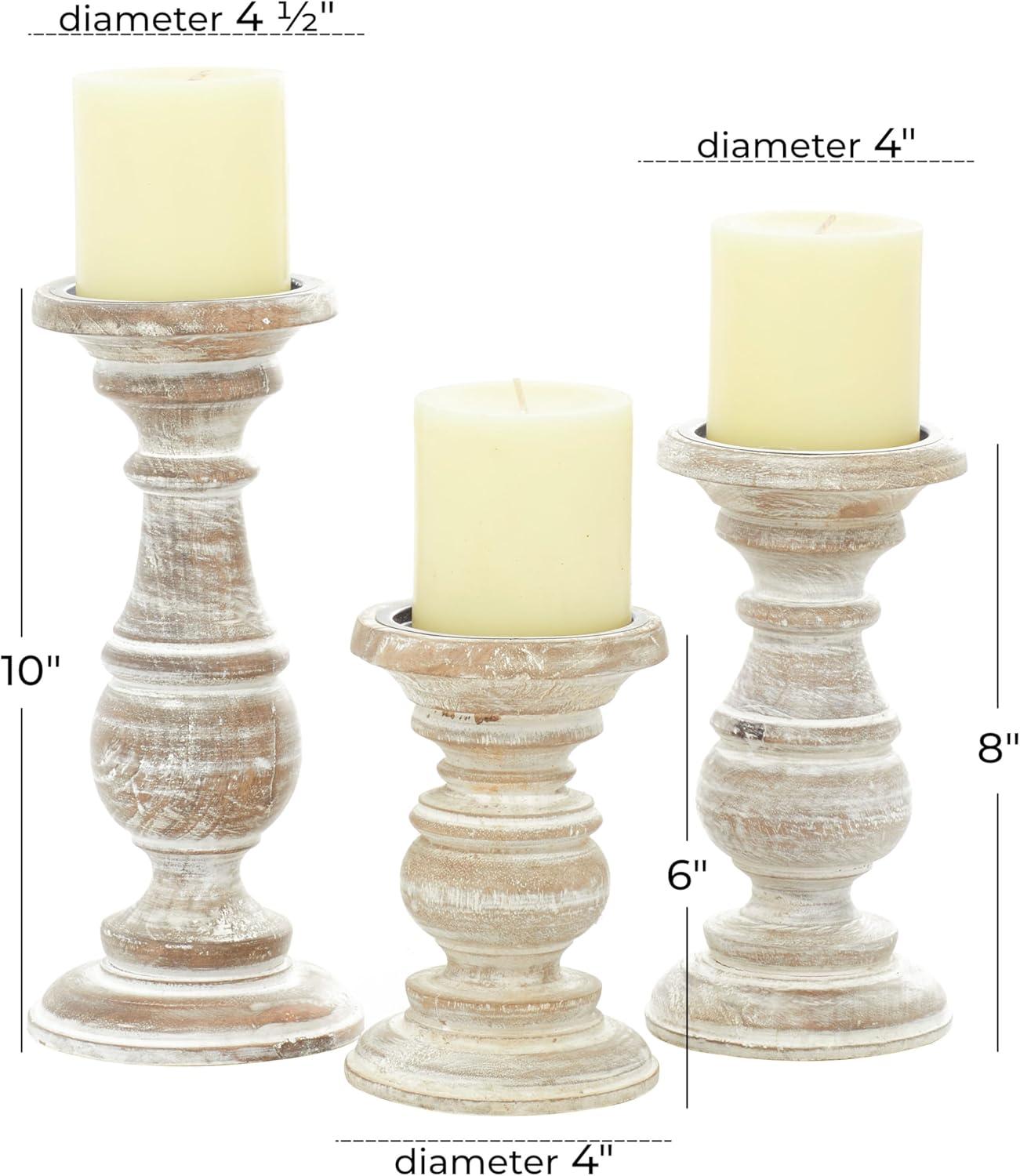 DecMode Traditional and Timeless Mango Wood Pillar Candle Holder Set of 3, 6", 8", 10"H, Cream Finish