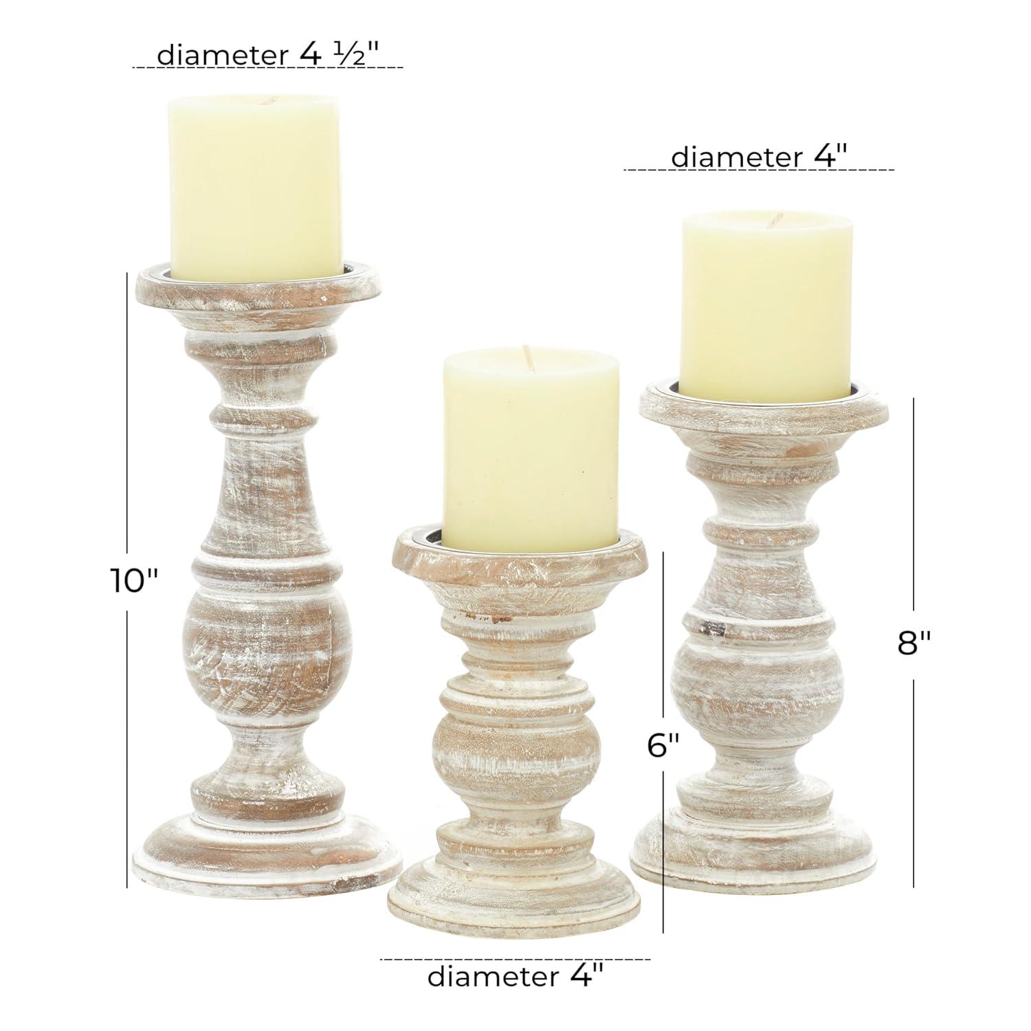 DecMode Traditional and Timeless Mango Wood Pillar Candle Holder Set of 3, 6", 8", 10"H, Cream Finish