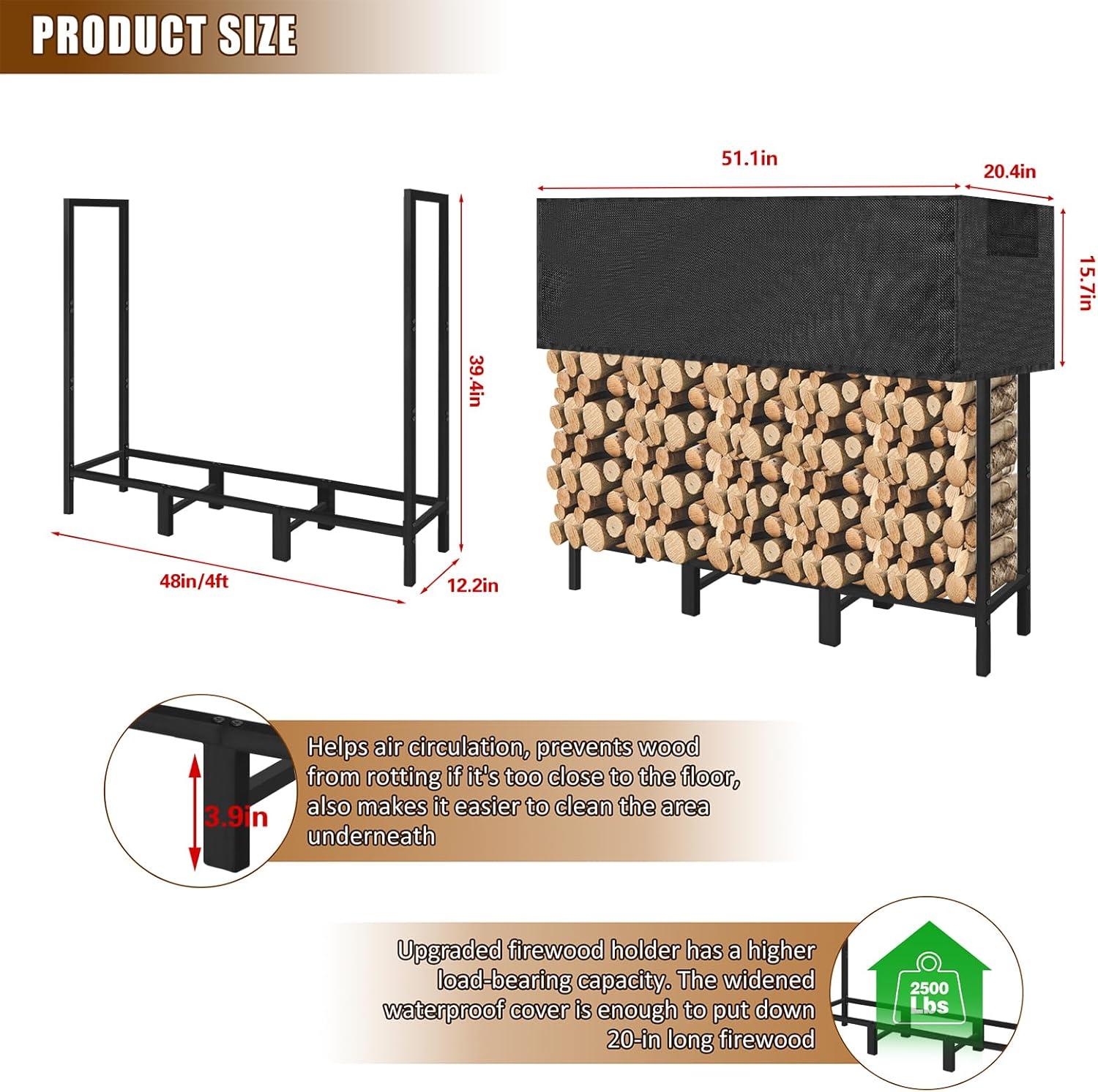 4ft Black Steel Firewood Rack with Weather-Resistant Cover