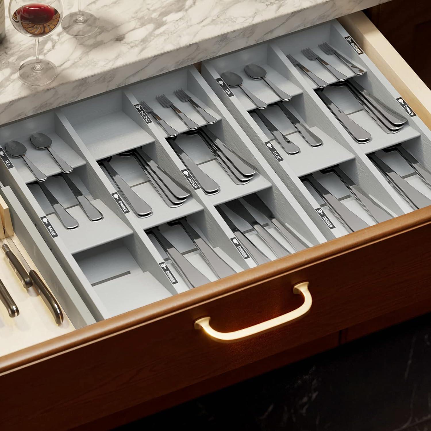 SpaceAid Bamboo Silverware Drawer Organizer with Labels (grey, 6 Slots)