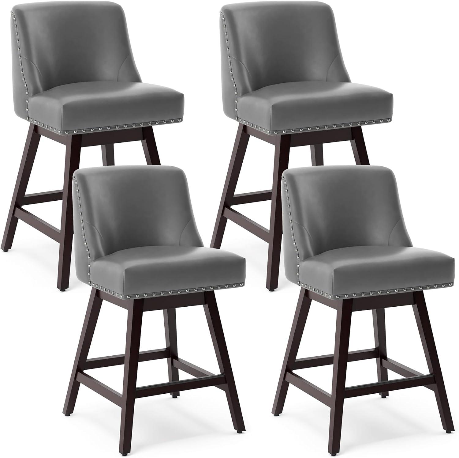 26" Dark Gray Faux Leather Swivel Bar Stools with Wood Legs, Set of 4