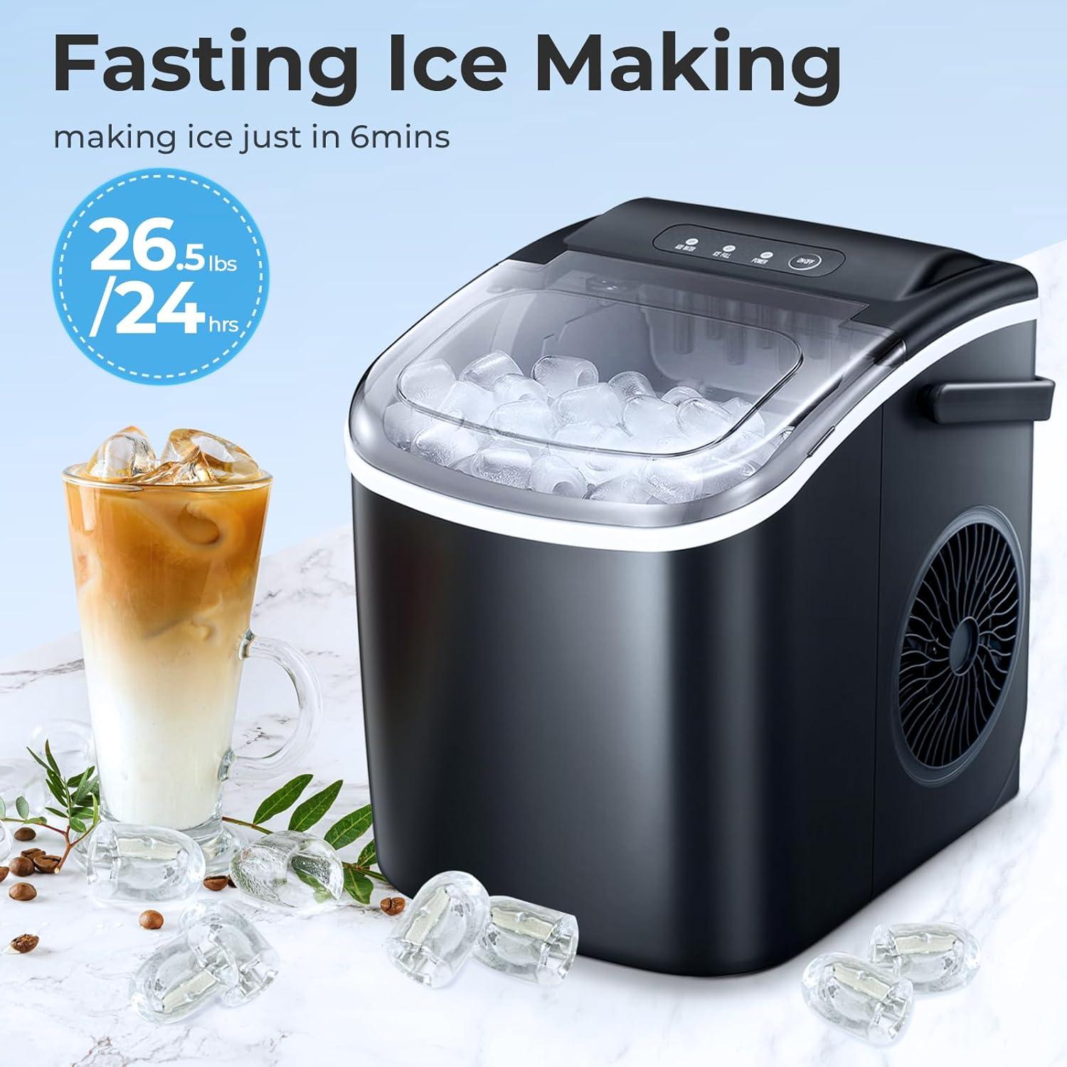 R.W.FLAME Ice Makers Countertop with Handle,26.5Lbs/24H,9 Cubes in 6 Mins,2 Sizes of Bullet Ice,Portable Ice Maker Machine with Self-Cleaning, green