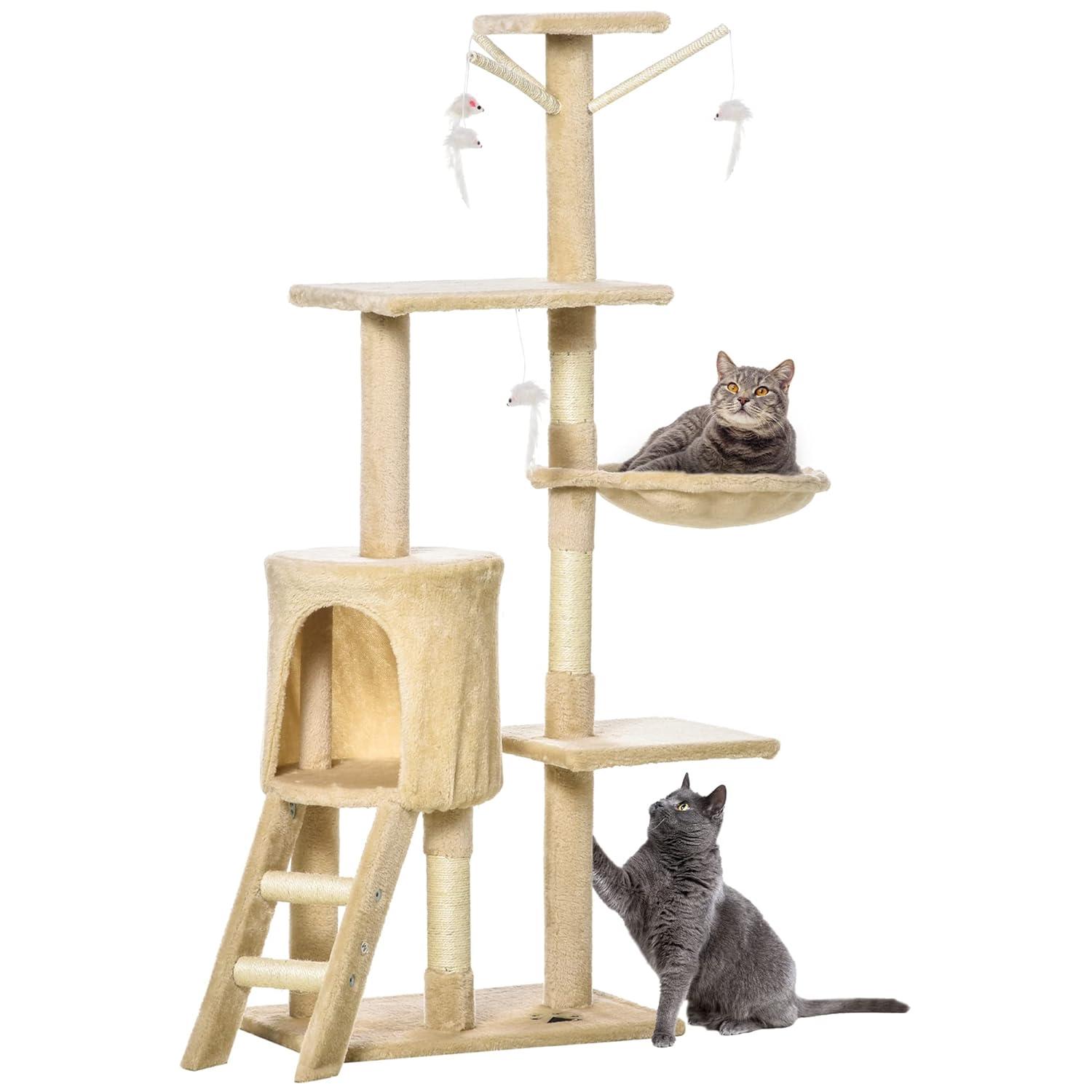 Beige Sisal and Plush Cat Condo Tower with Scratching Posts