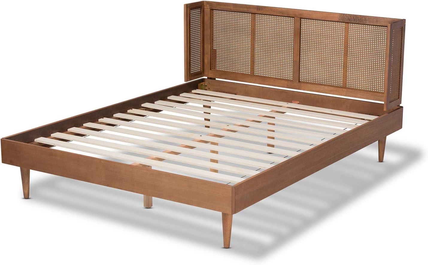 Queen Rina Wood Platform Bed with Headboard Ash Walnut - Baxton Studio: Mid-Century Modern Design, Synthetic Rattan Panel