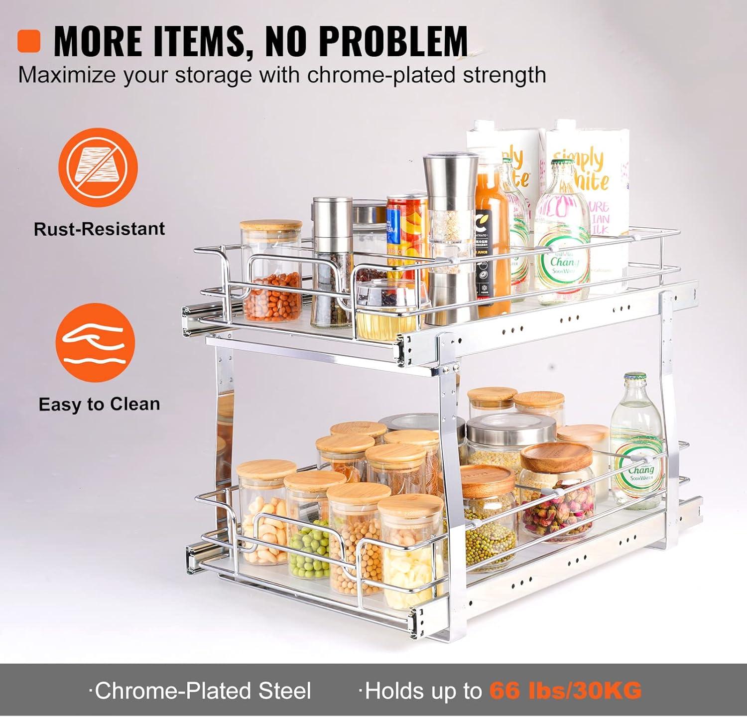 2 Tier 13"W x 21"D Pull Out Cabinet Organizer, Heavy Duty Slide Out Pantry Shelves, Chrome-Plated Steel Roll Out Drawers, Sliding Drawer Storage for Inside Kitchen Cabinet, Bathroom, Under Sink