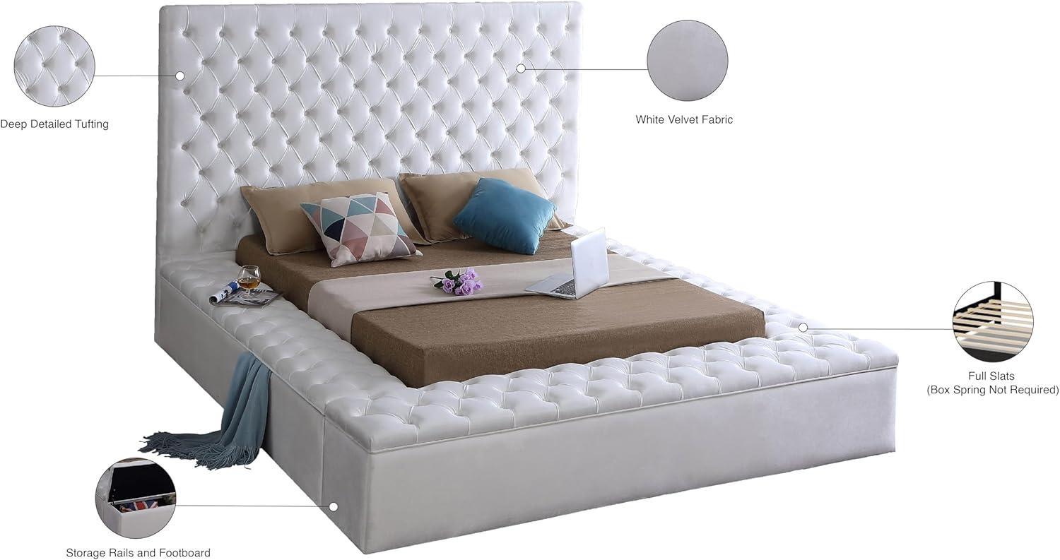 Bliss White Velvet Queen Upholstered Storage Bed with Tufted Headboard