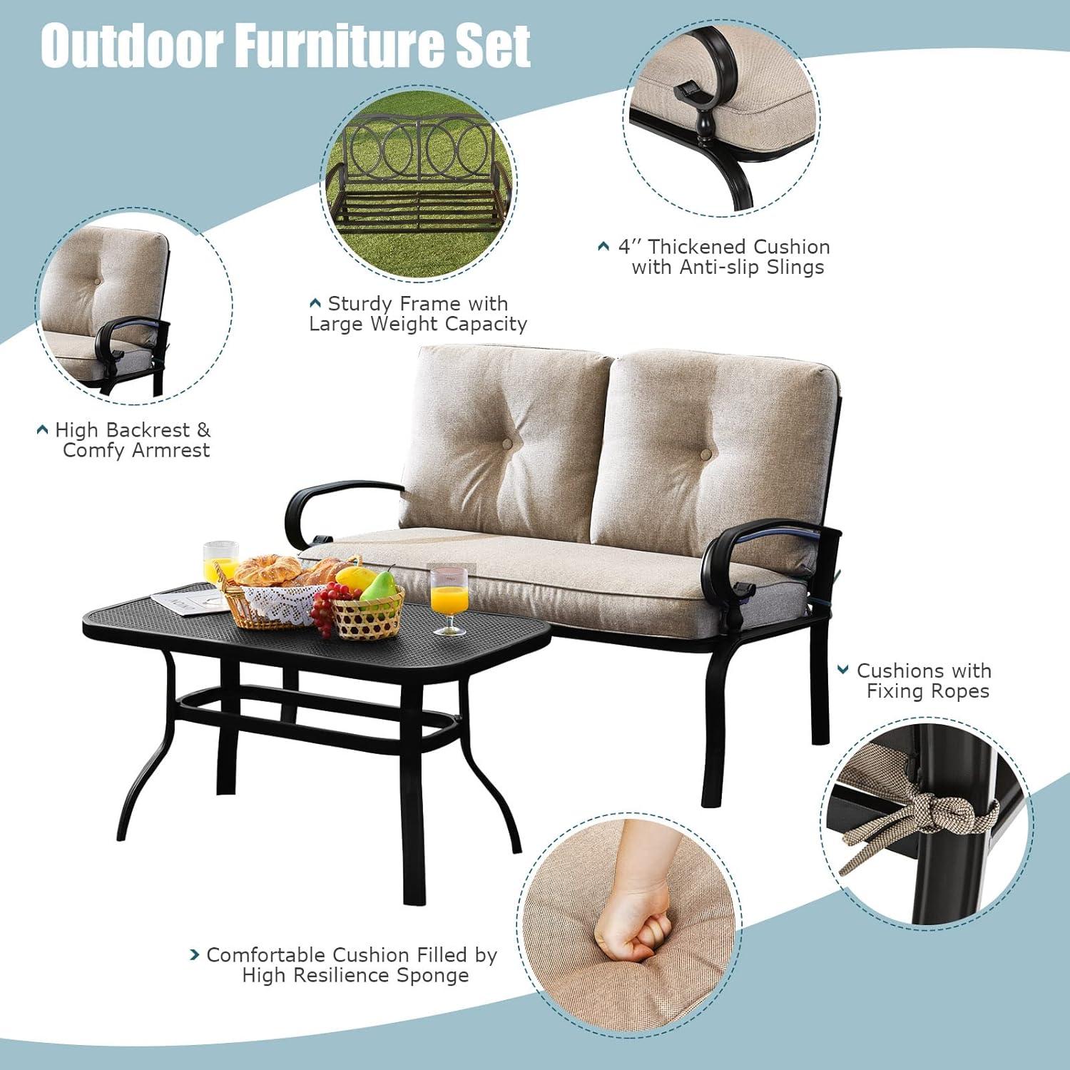 Beige Cushioned Steel Patio Loveseat with Coffee Table