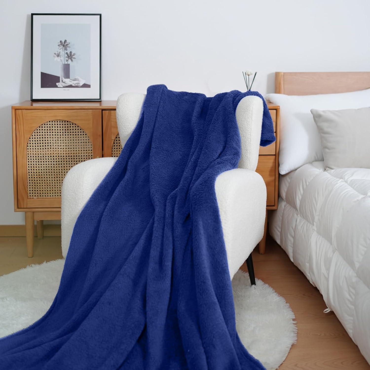 My World Cloud Faux Shearling Throw Blanket Navy: Sensory Friendly, Knitted Polyester, Machine Washable