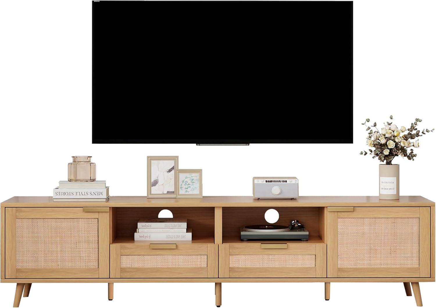 Rattan TV Stand for 85''+ TV, Mid Century Modern Entertainment Center with Rattan Decor Doors, Wood TV Console with 2 Doors & 2 Open Shelves & Drawers for Living Room, Bedroom, Natural