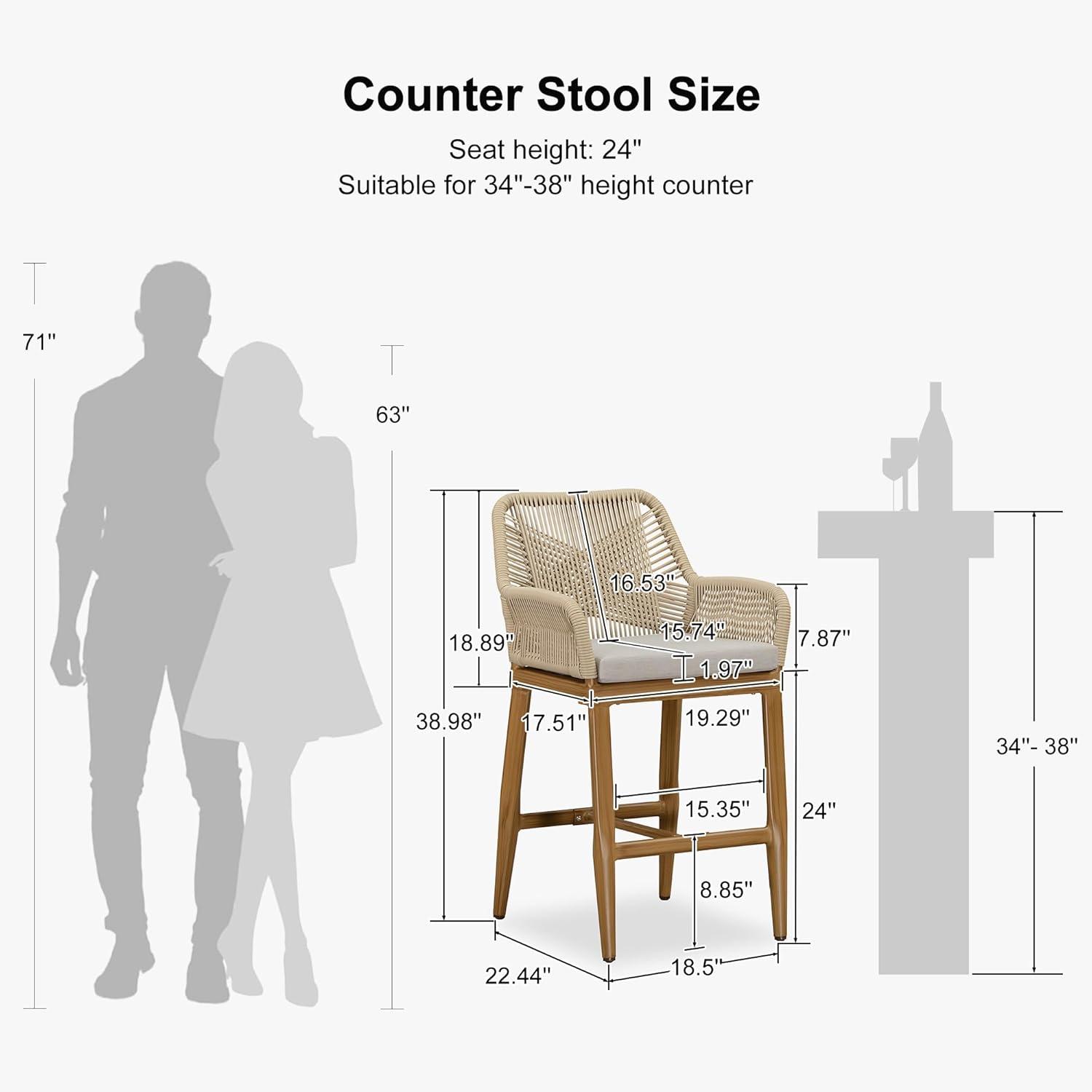 PURPLE LEAF Outdoor 24" Counter Height Bar Stools Chair Set of 2, All Weather Rattan and Aluminum Patio Bar Stool with Cushion for Indoor and Outdoor, Kitchen Island, Teak