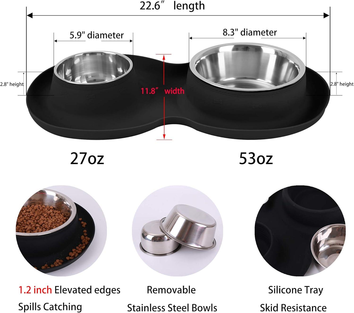 100% Waterproof BPA Free Pet Dog Bowls2 Stainless Steel（53oz+27oz） with 1.35“ Raised Edge Silicone Mat + Slow Feed Dog Water and Food Bowls for Feeding Small Large Dogs Cats Puppies (Black)