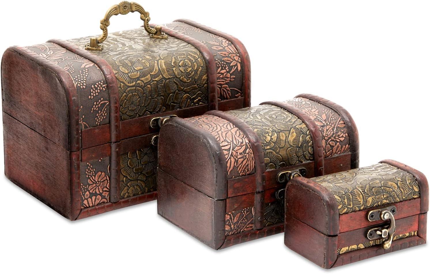 Juvale 3-Set Wood Treasure Chest Decorative Boxes - Small Treasure Box Set for Jewelry, Coin Collection, Home Décor (3 Sizes)