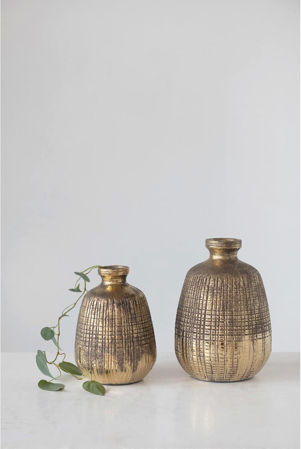 Creative Co-Op Textured Terra-cotta Vase with Lines, Gold Finish