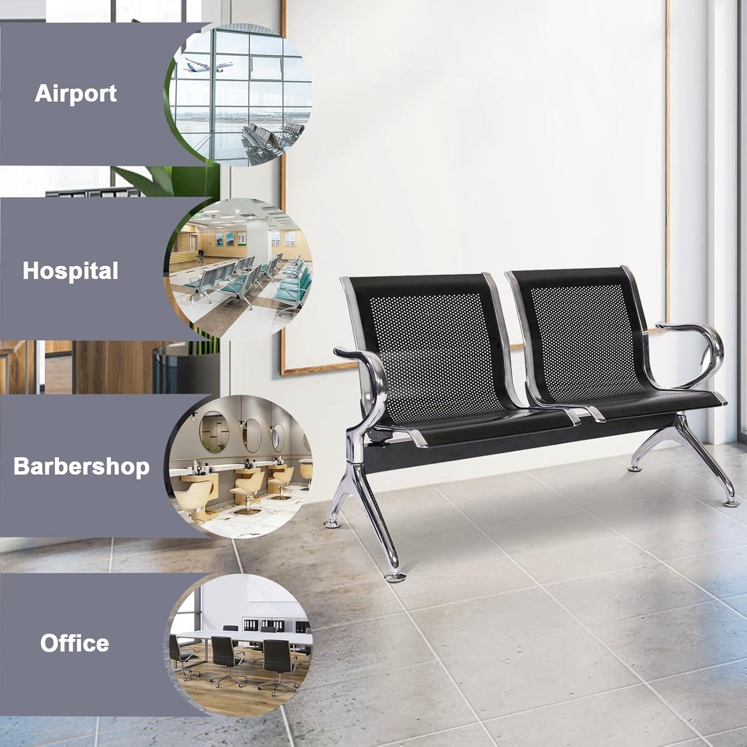 Kinbor Waiting Room Chairs, 3-Seat Reception Chairs Office Guest Waiting Furniture Bench Seating for Airport Bank Hospital, Black