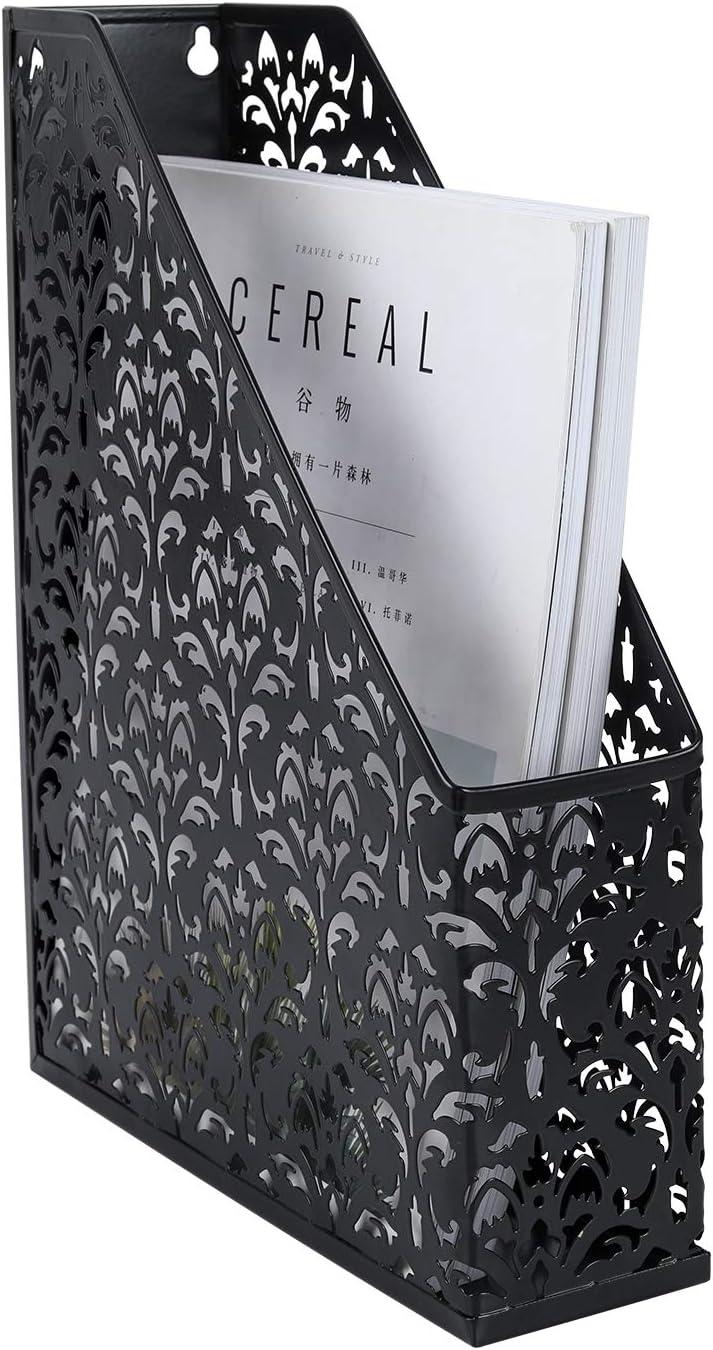 EasyAPG Heavy Duty Metal Magazine File Holder - Carved Hollow Flower Pattern Design, No Assembly Desk Organizer for Legal Size Files, Home Office Storage Rack, Black