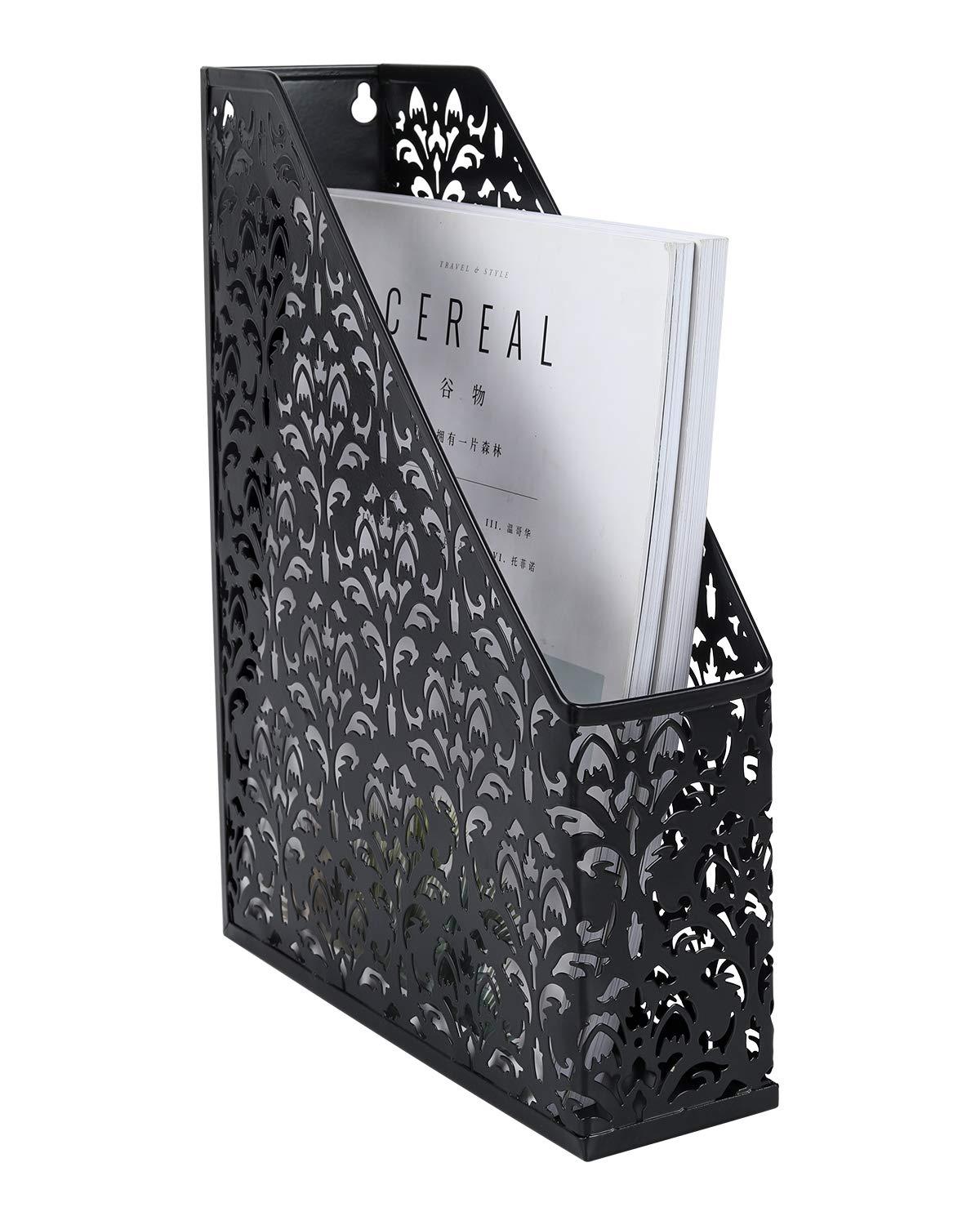 EasyAPG Heavy Duty Metal Magazine File Holder - Carved Hollow Flower Pattern Design, No Assembly Desk Organizer for Legal Size Files, Home Office Storage Rack, Black