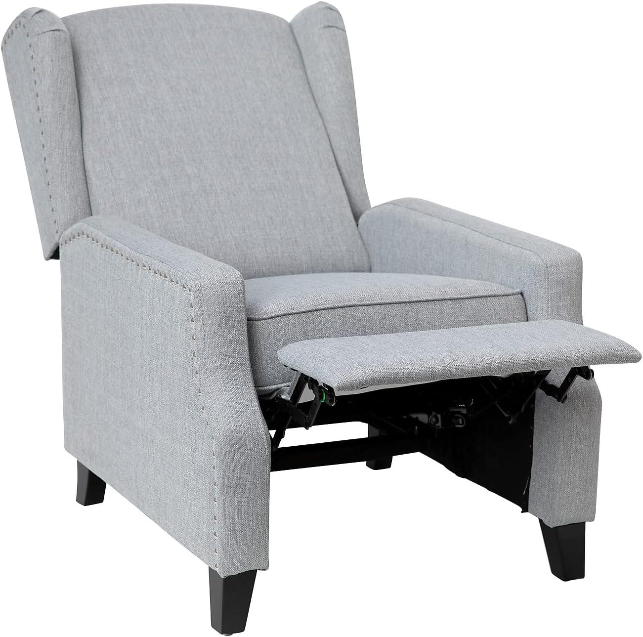 Modern Slim Silhouette Gray Recliner with Metal Nailhead Trim