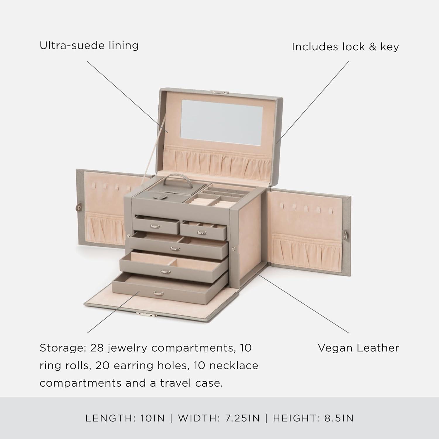 Pewter Vegan Leather Locking Travel Jewelry Box with Mirror