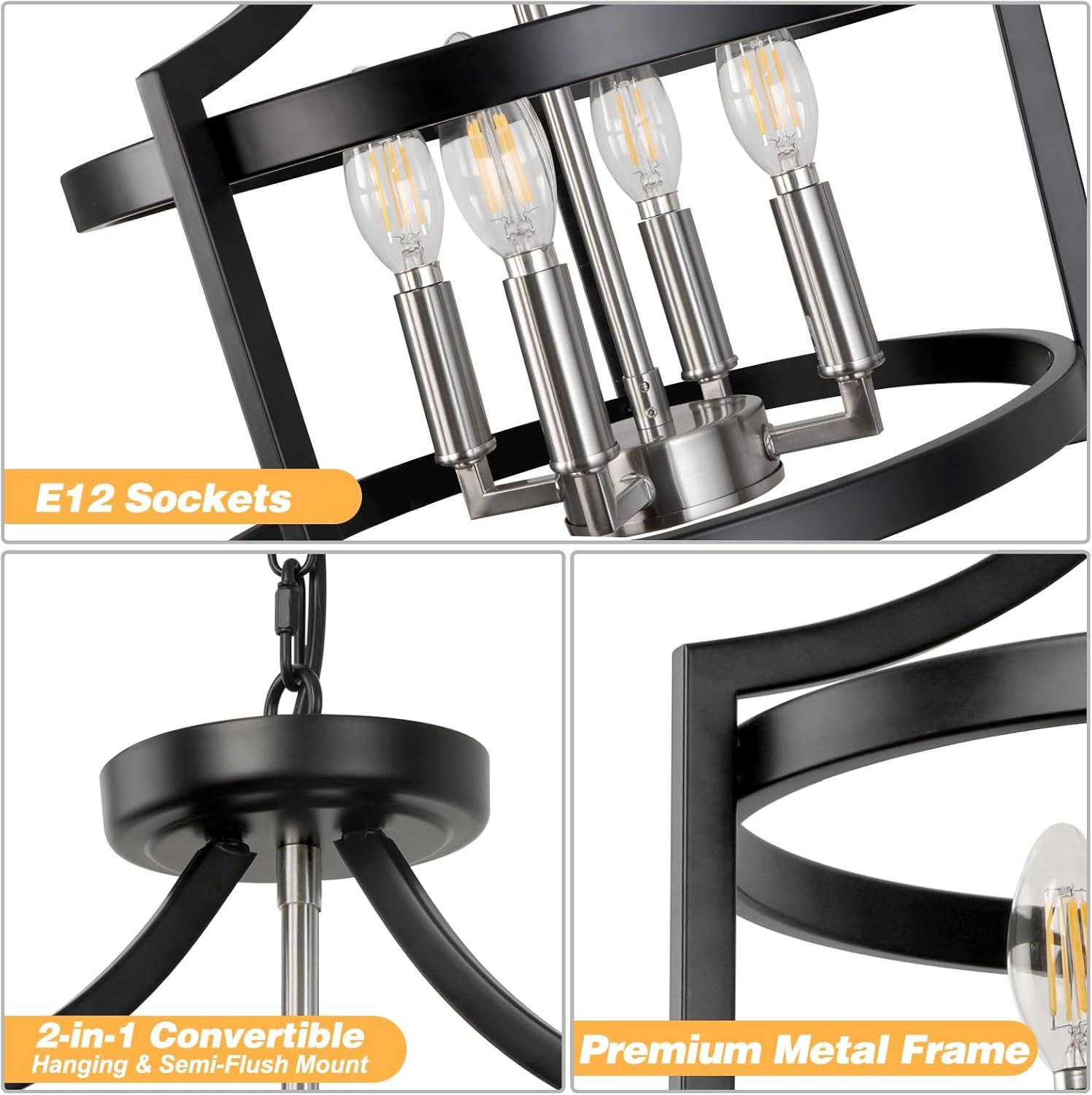 Chandelier Convertible Semi Flush Mount Ceiling Light, YANSUN 4-Light Modern Farmhouse Rustic Round Cage Chandeliers for Kitchen, Dining Room, Foyer, Entryway.Black and Brushed Nickel