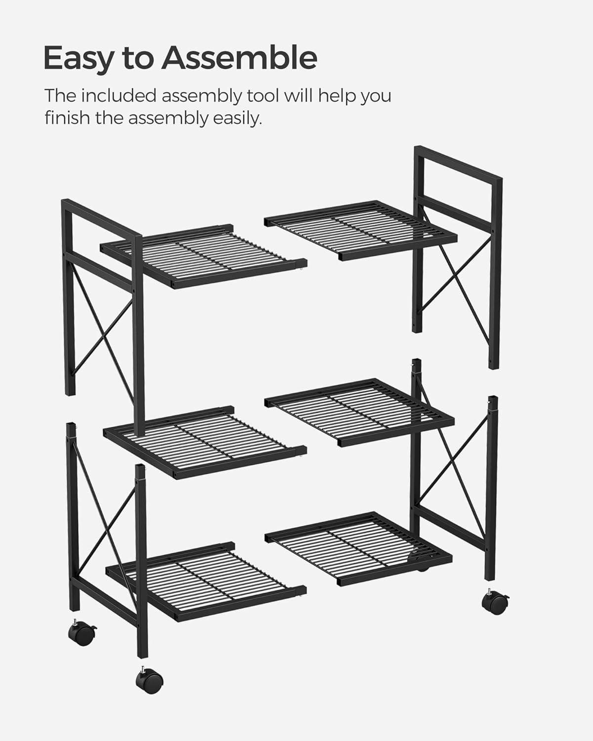 SONGMICS 3-Tier Metal Storage Rack with Wheels, Mesh Shelving Unit with X Side Frames, Black