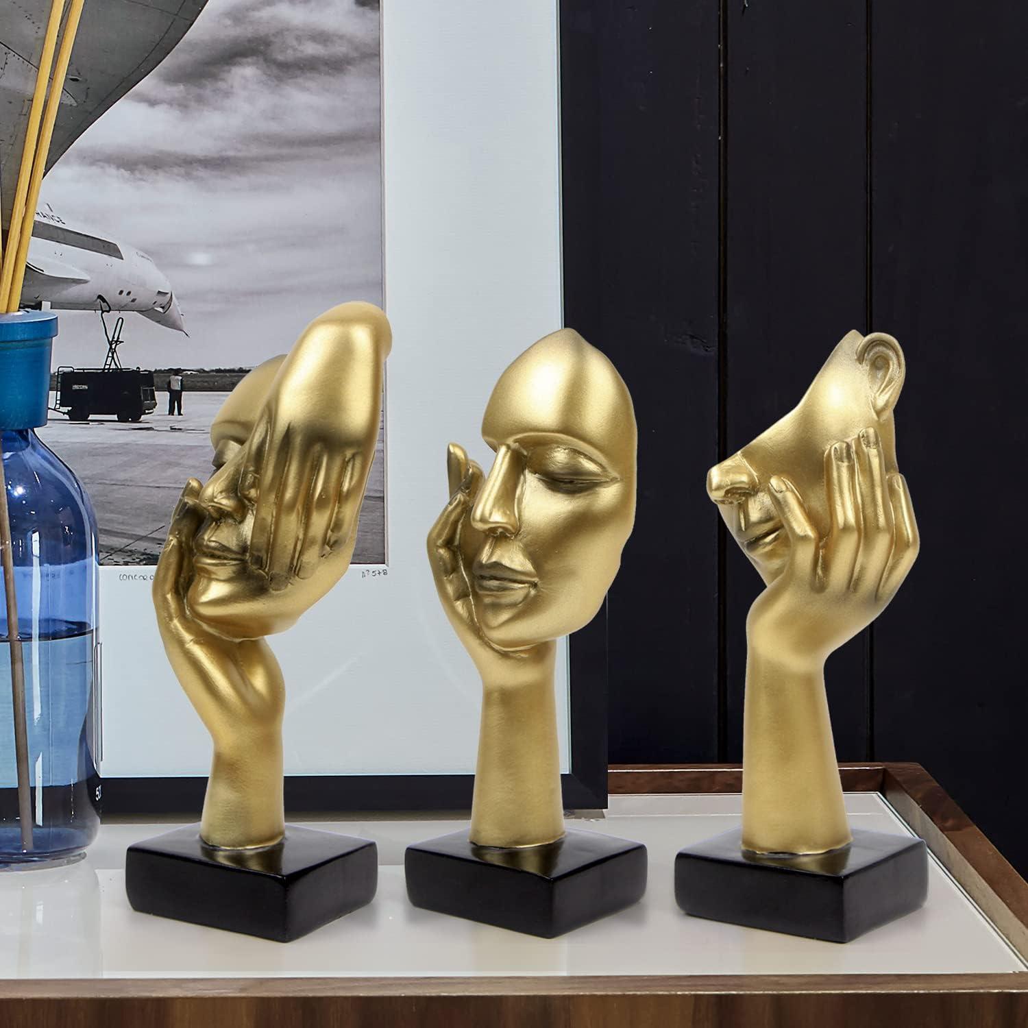 Modern Abstract Thinker Statue Set of 3 Gold Statues 6.48"/1.96"/6.88" Home Office Decor Collectible Figurines