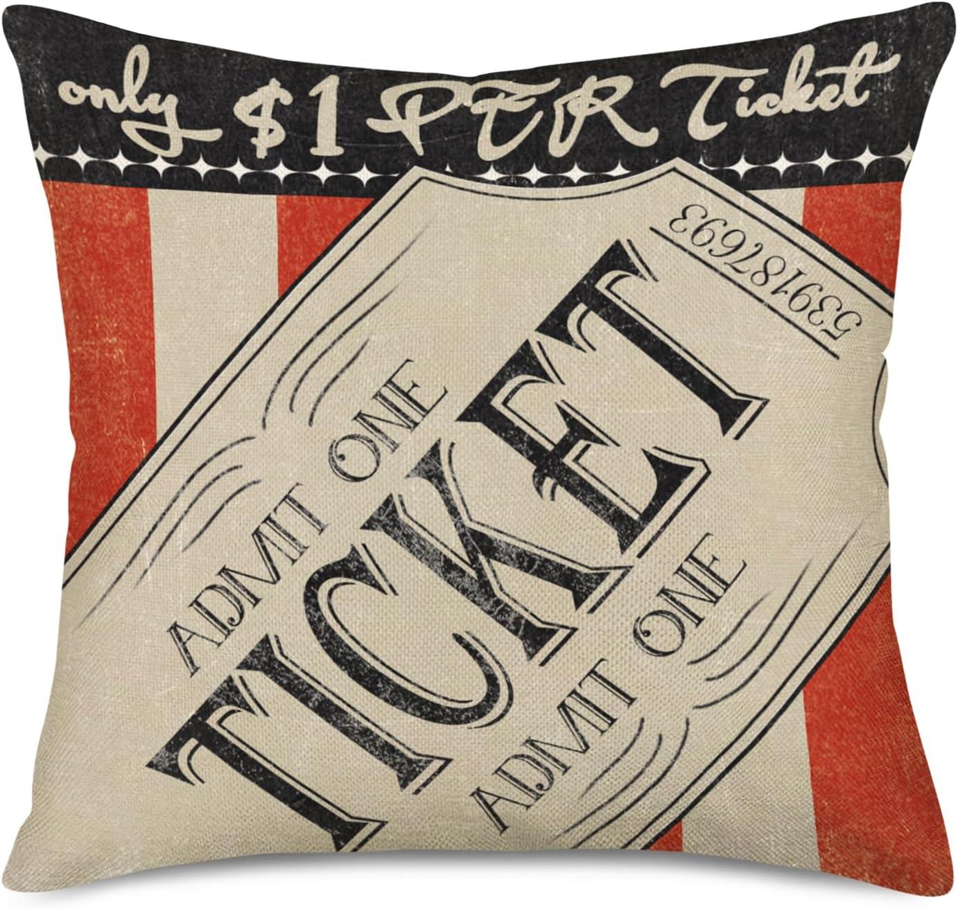 Smilyard Movie Theater Cinema Throw Pillow Covers Vintage Cinema Ticket with Popcorn Throw Pillow Case 18x18 Inch Cotton Linen Personalized Home Decor Cushion Cover for Sofa Set of 4 (Cinema Set)