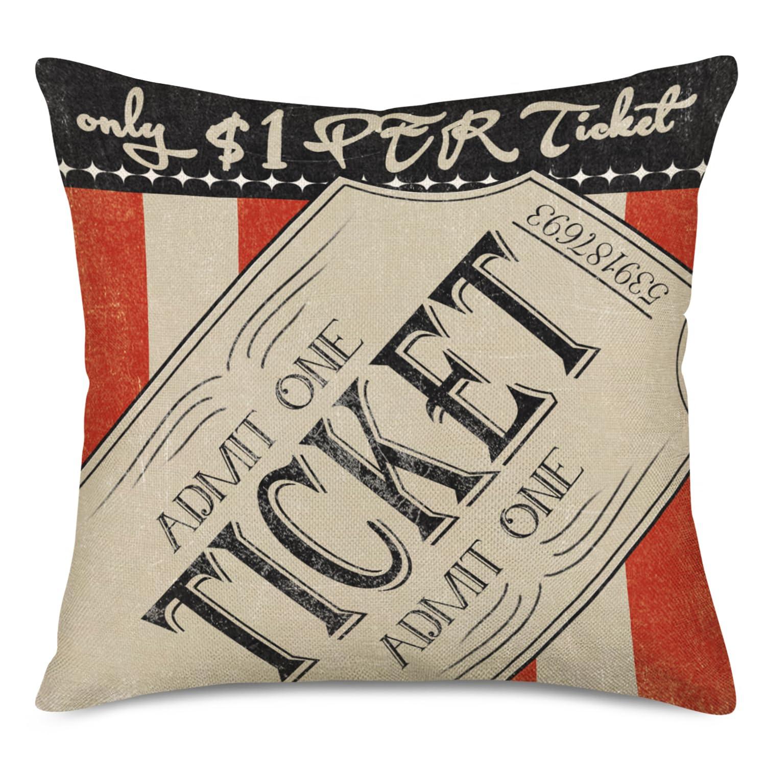 Smilyard Movie Theater Cinema Throw Pillow Covers Vintage Cinema Ticket with Popcorn Throw Pillow Case 18x18 Inch Cotton Linen Personalized Home Decor Cushion Cover for Sofa Set of 4 (Cinema Set)