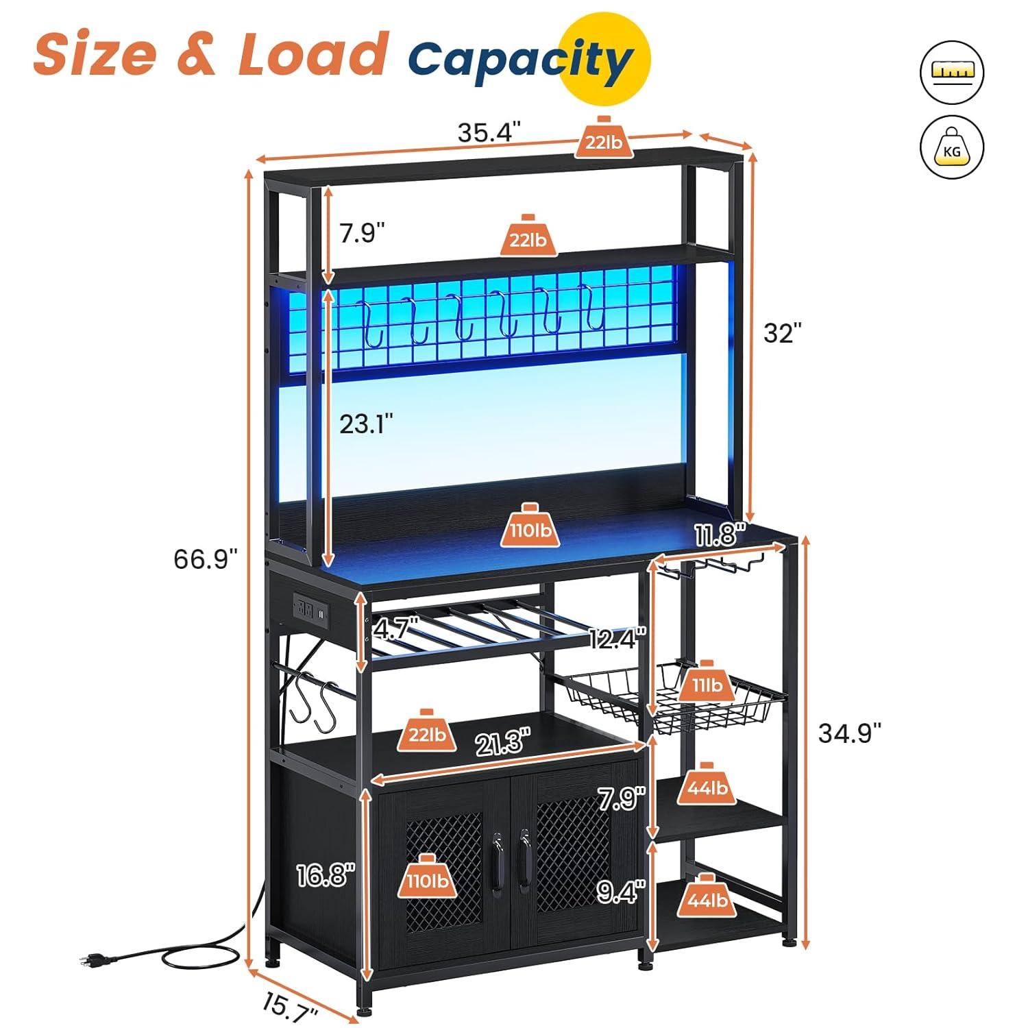 Kitchen Bakers Rack with Storage Shelves, Microwave Stand with Power Outlet and LED Light, Coffee Bar Cabinet Wire Basket Metal Grid Wine Rack Goblet Holder Hooks (Black, Small)